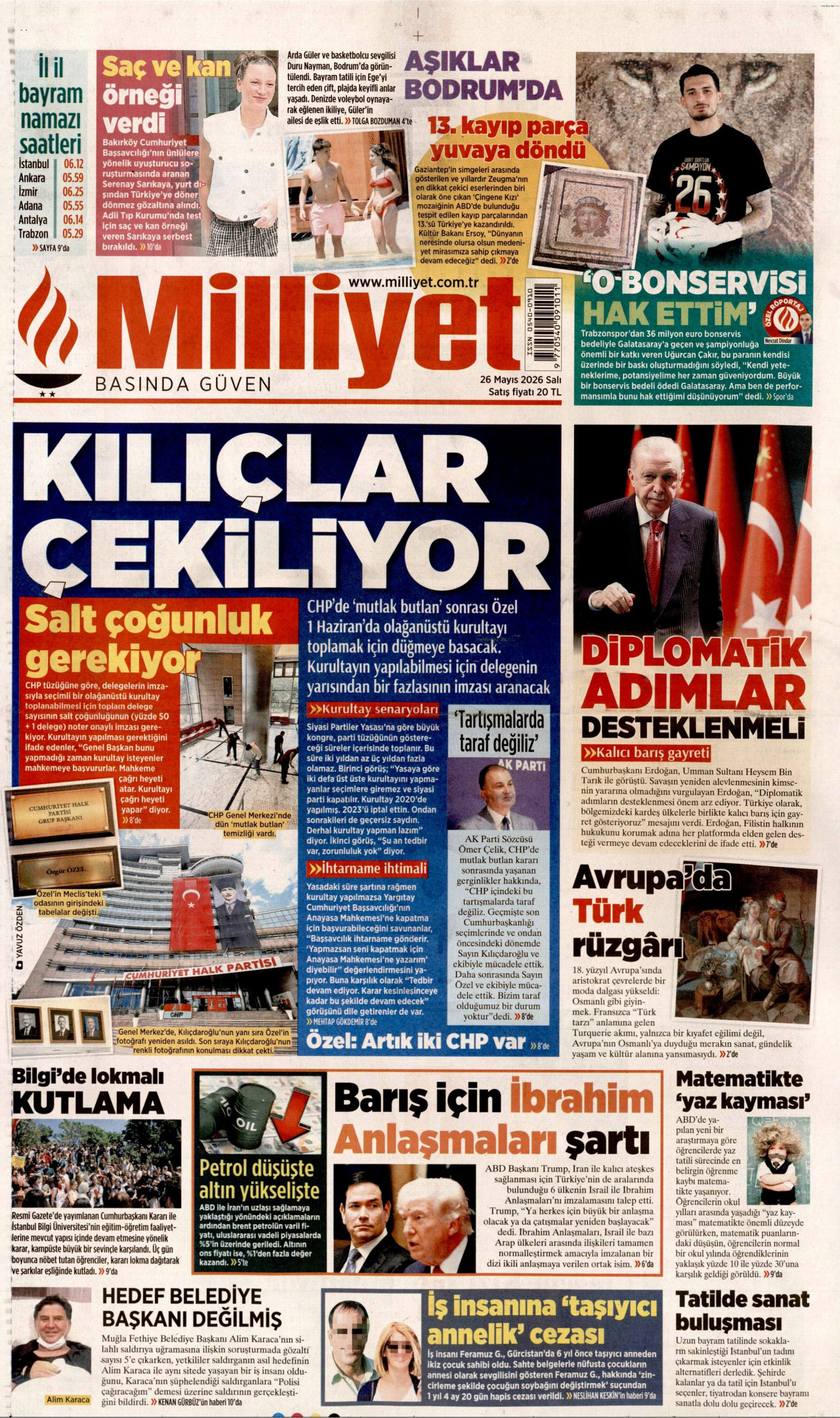 MİLLİYET gazetesinin 26 Mayıs 2026 tarihli birinci sayfası