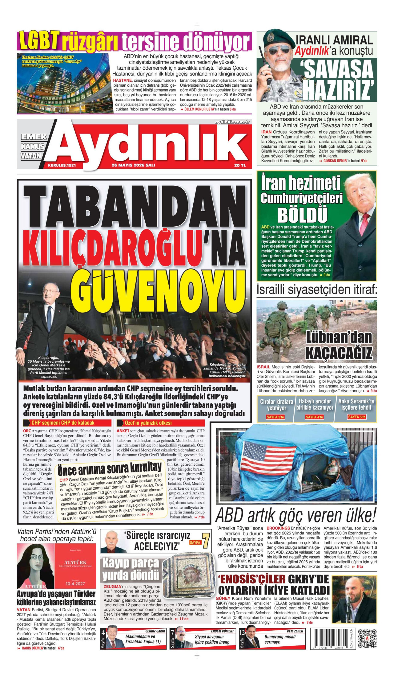 AYDINLIK GAZETESİ gazetesinin 26 Mayıs 2026 tarihli birinci sayfası