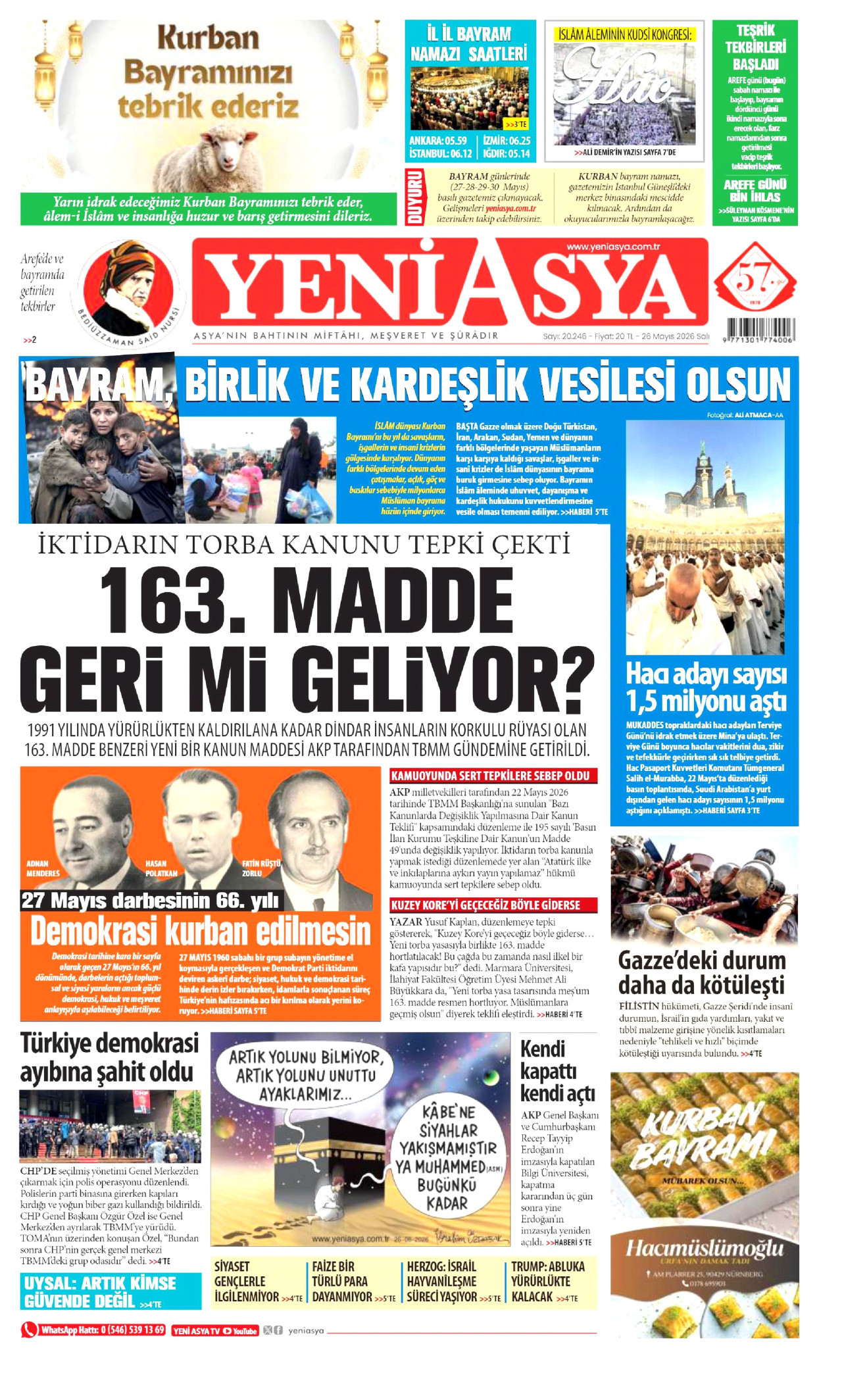YENİ ASYA gazetesinin 26 Mayıs 2026 tarihli birinci sayfası