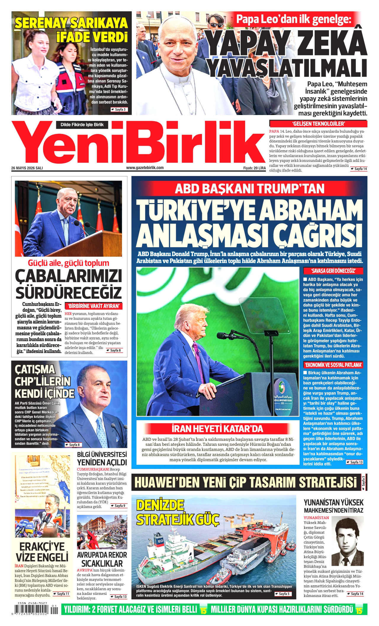 YENİBİRLİK gazetesinin 26 Mayıs 2026 tarihli birinci sayfası