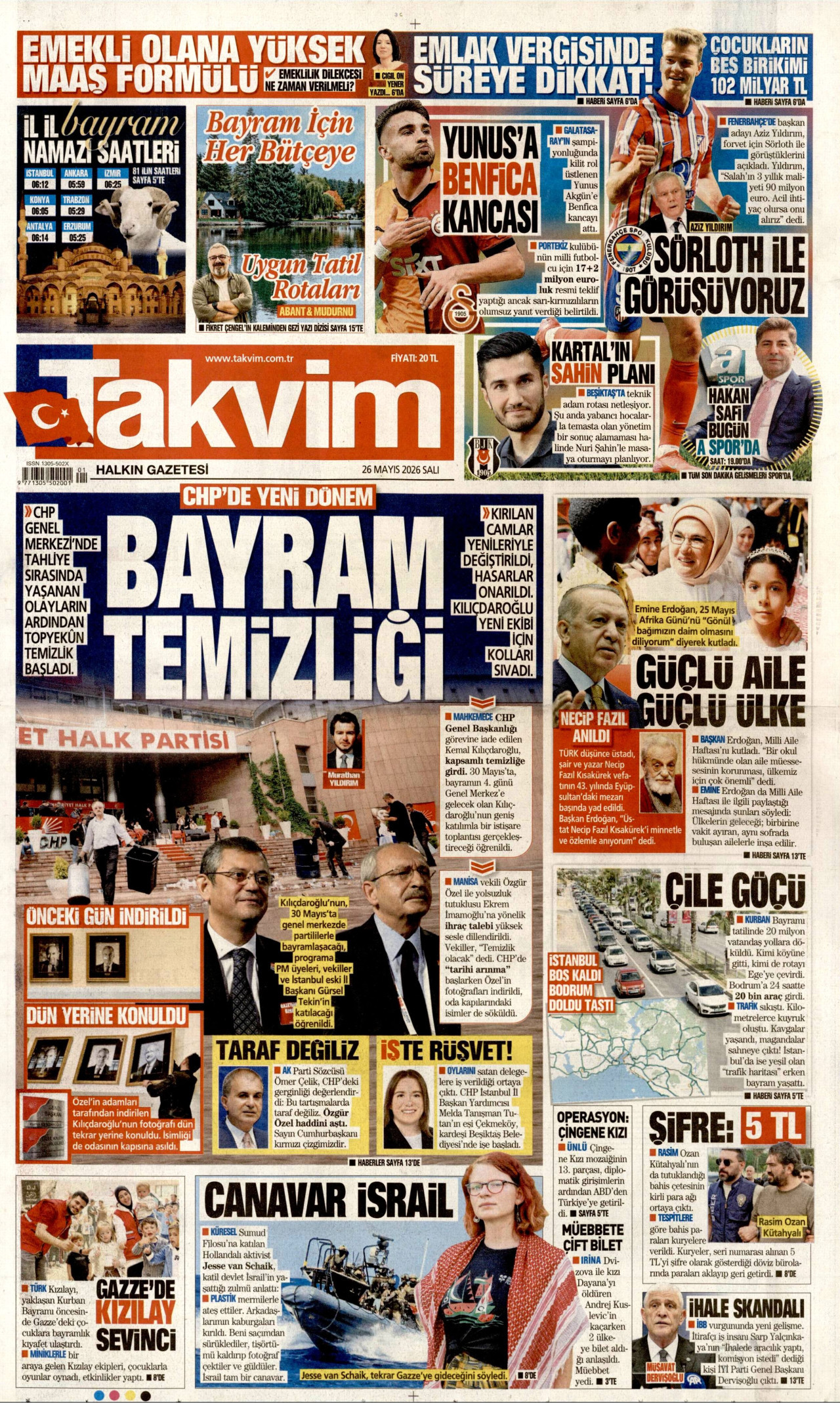 TAKVİM gazetesinin 26 Mayıs 2026 tarihli birinci sayfası