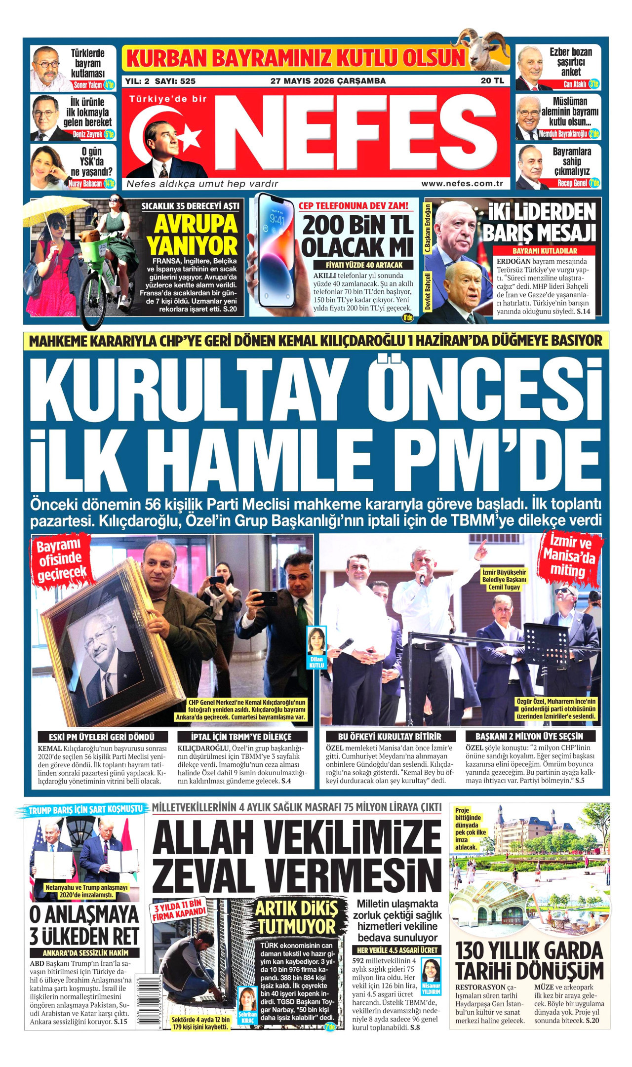 NEFES gazetesinin 27 Mayıs 2026 tarihli birinci sayfası
