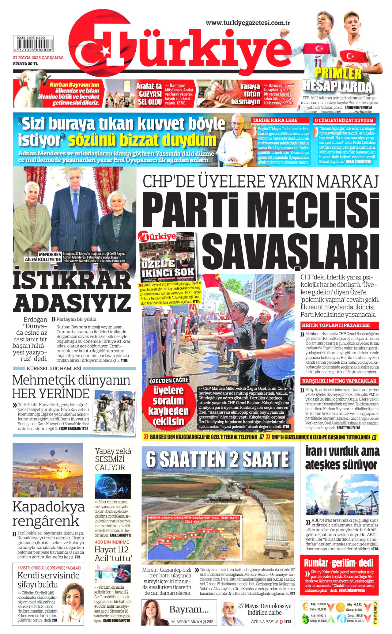 TÜRKİYE GAZETESİ gazetesinin 27 Mayıs 2026 tarihli birinci sayfası