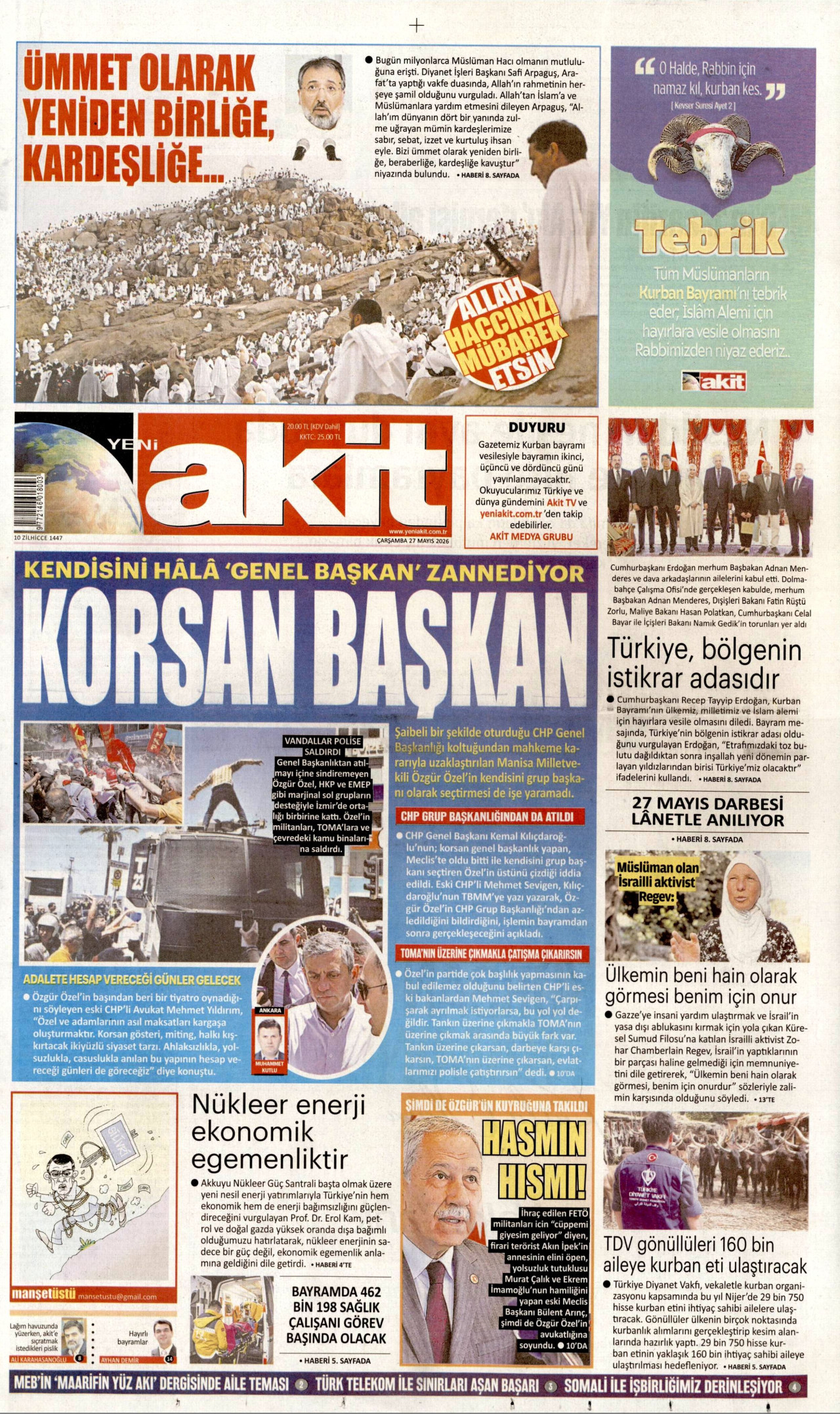 YENİ AKİT gazetesinin 27 Mayıs 2026 tarihli birinci sayfası