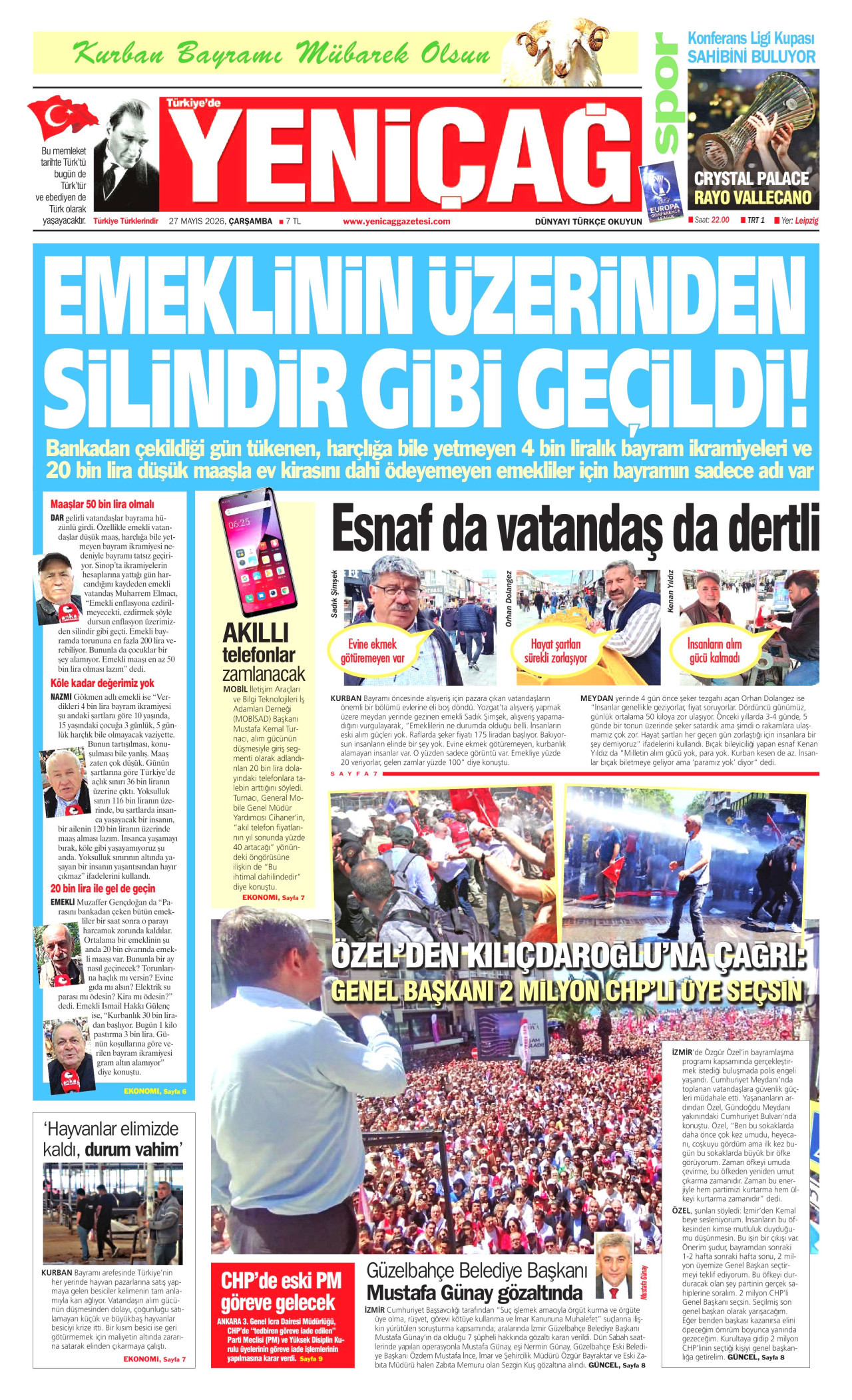 YENİÇAĞ gazetesinin 27 Mayıs 2026 tarihli birinci sayfası
