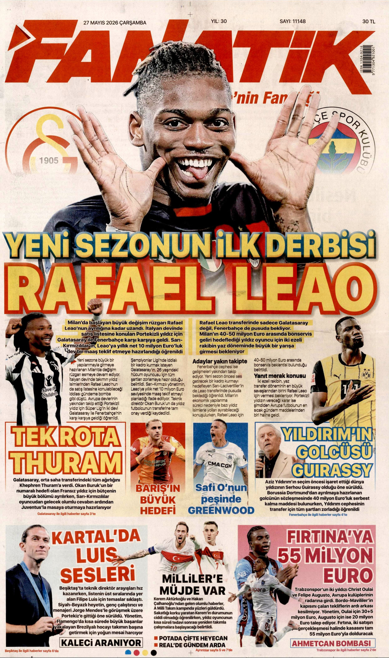 FANATİK gazetesinin 27 Mayıs 2026 tarihli birinci sayfası