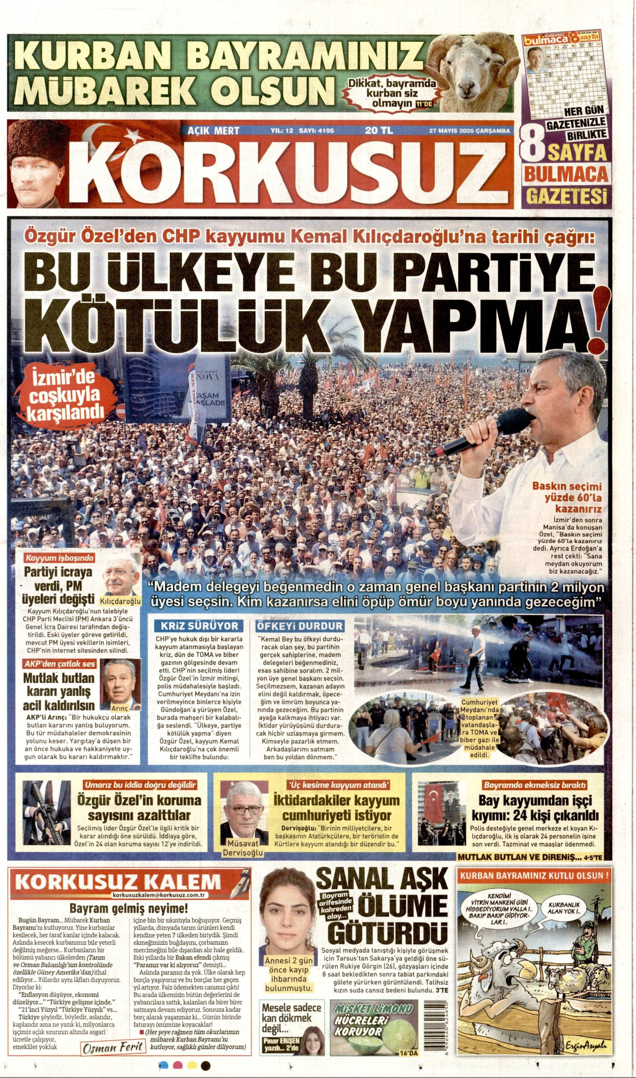 KORKUSUZ gazetesinin 27 Mayıs 2026 tarihli birinci sayfası
