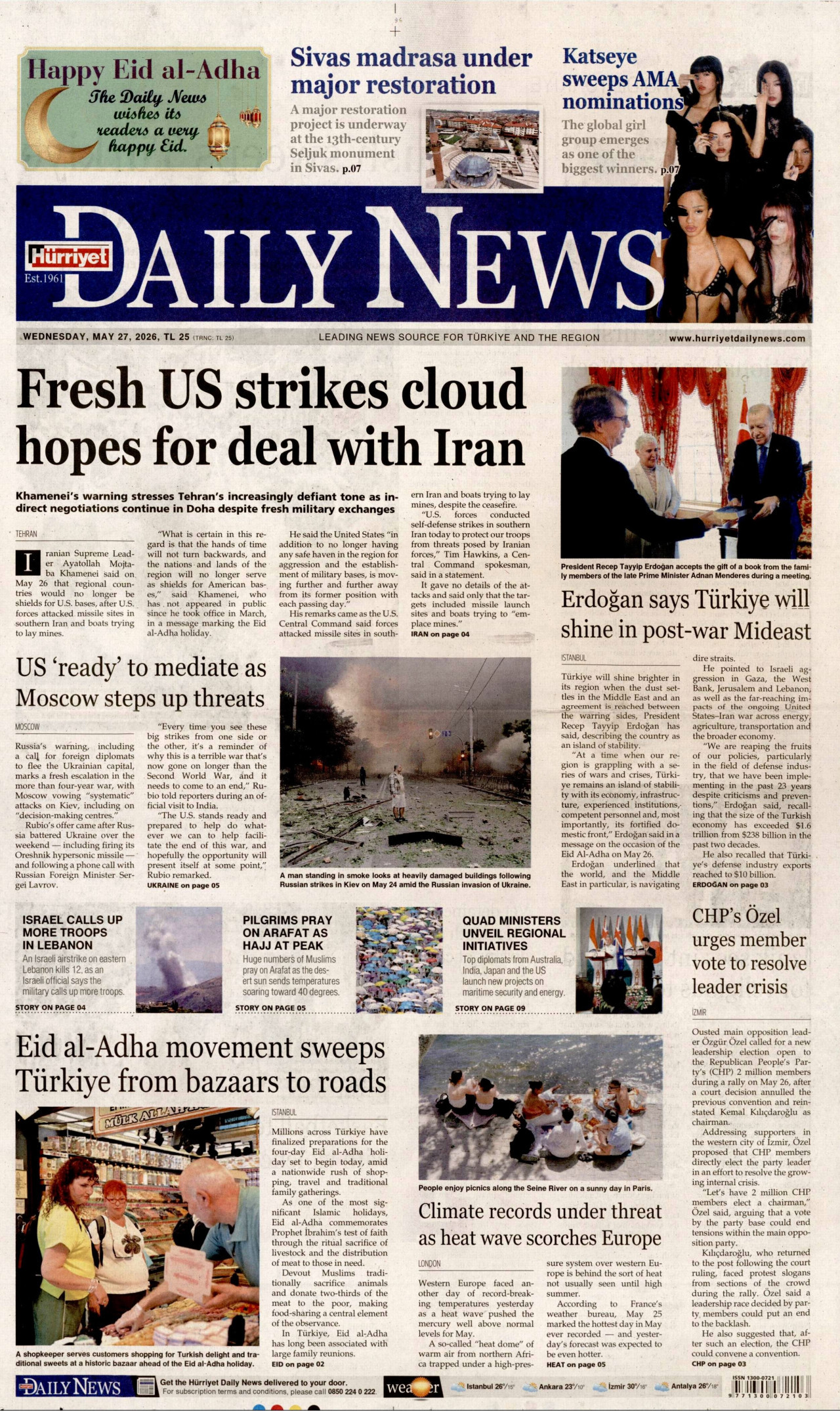 HÜRRİYET DAİLY NEWS gazetesinin 27 Mayıs 2026 tarihli birinci sayfası