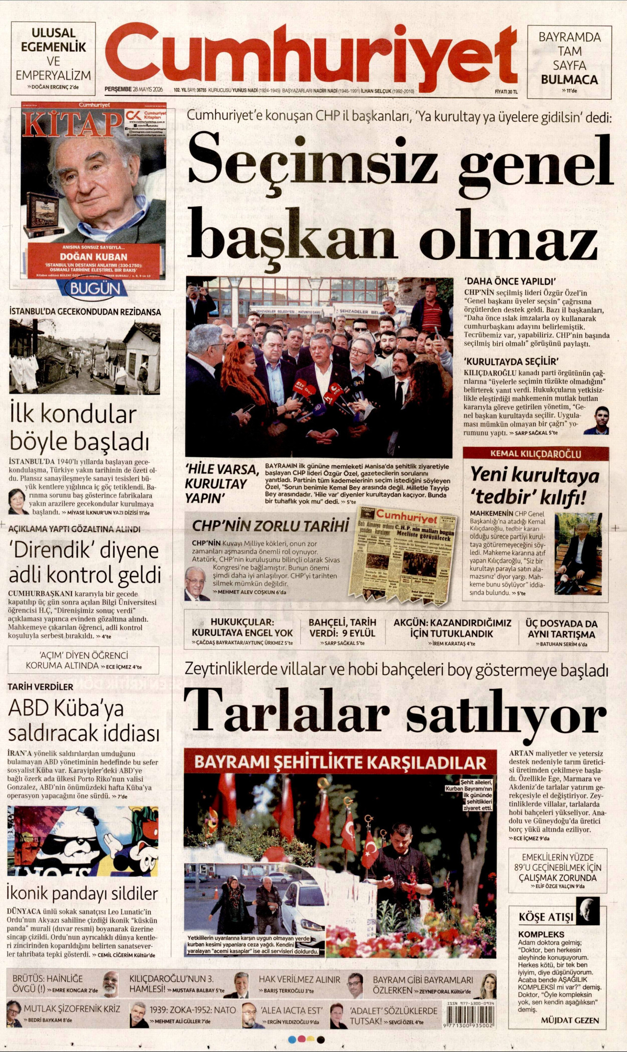 CUMHURİYET gazetesinin 28 Mayıs 2026 tarihli birinci sayfası
