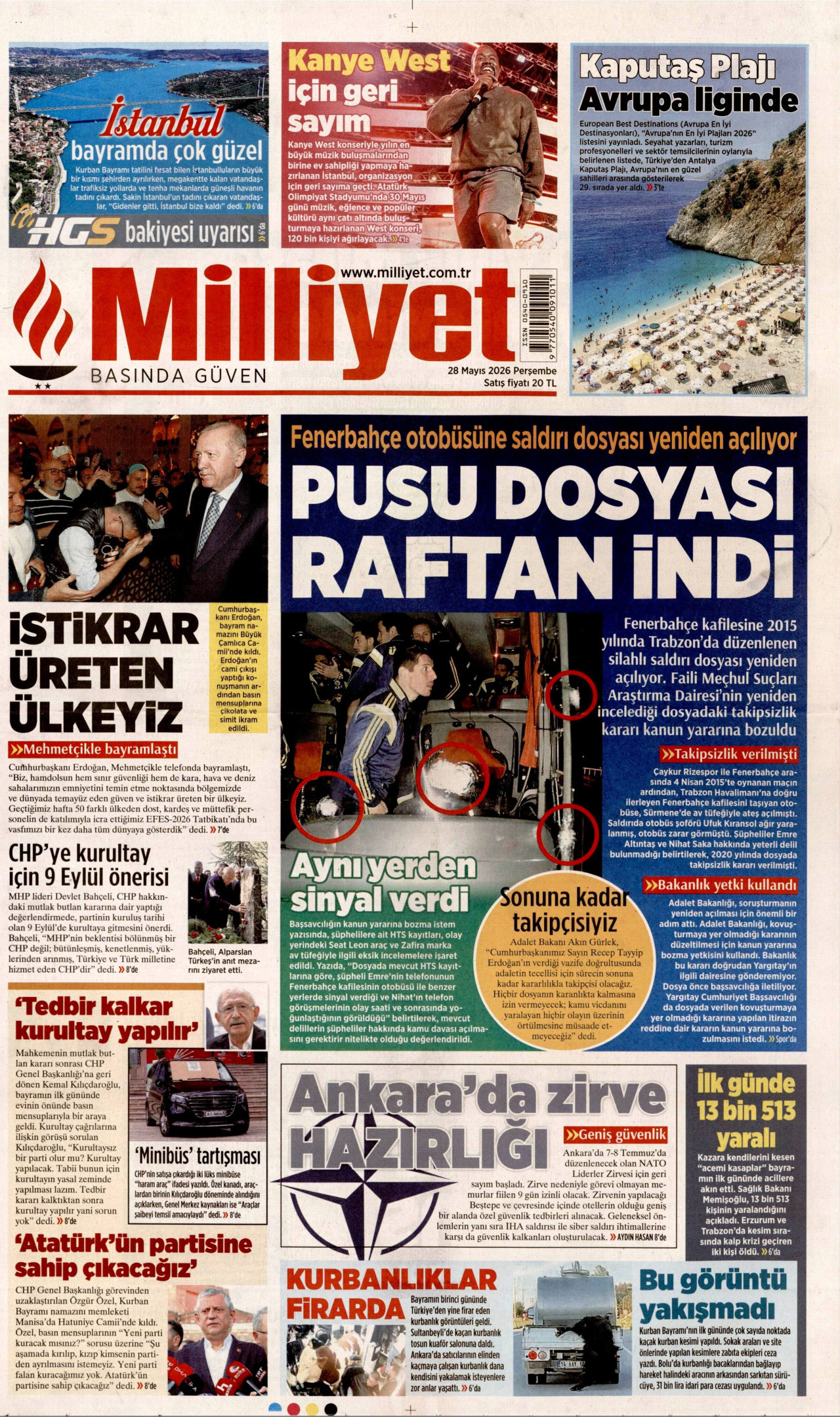 MİLLİYET gazetesinin 28 Mayıs 2026 tarihli birinci sayfası