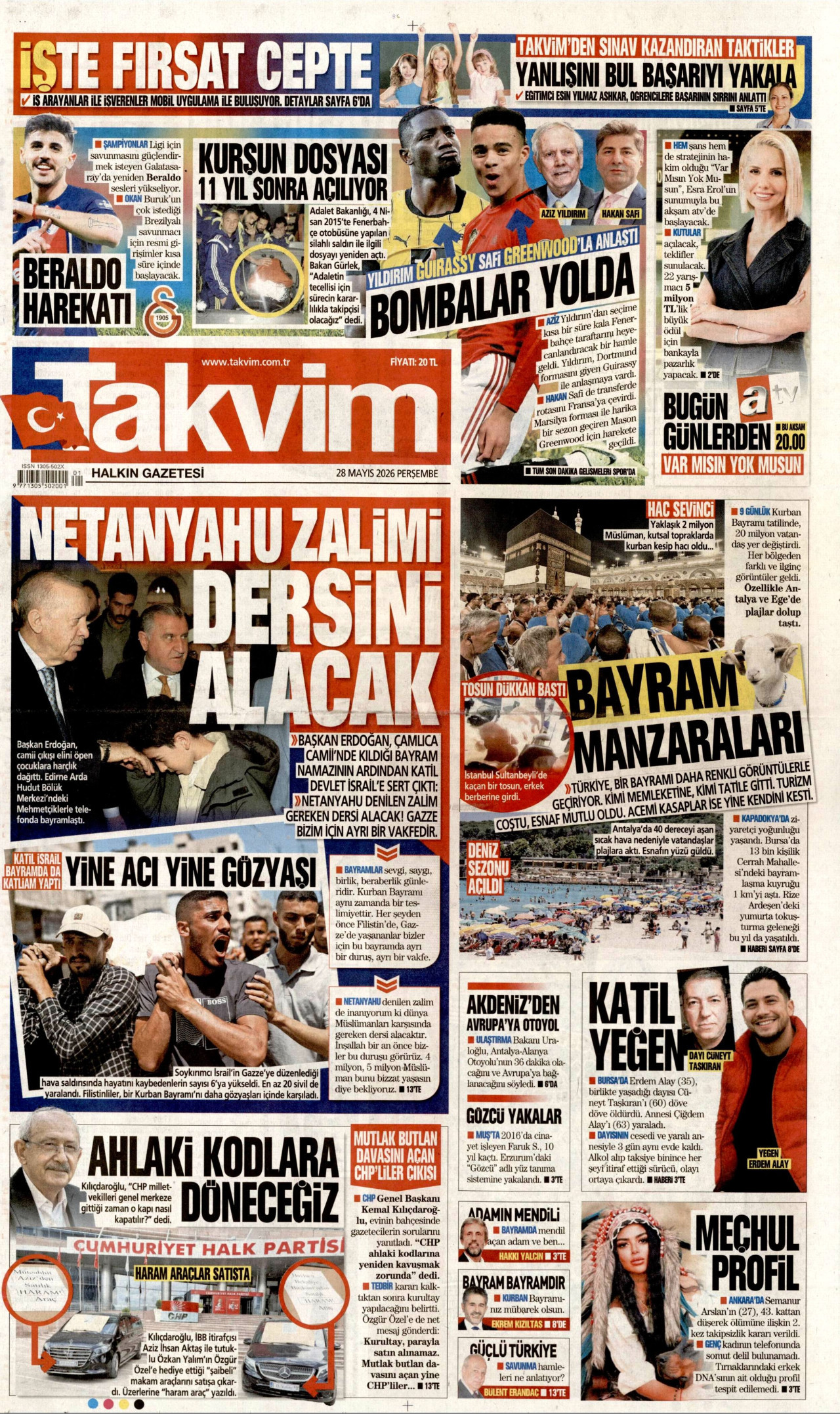 TAKVİM gazetesinin 28 Mayıs 2026 tarihli birinci sayfası