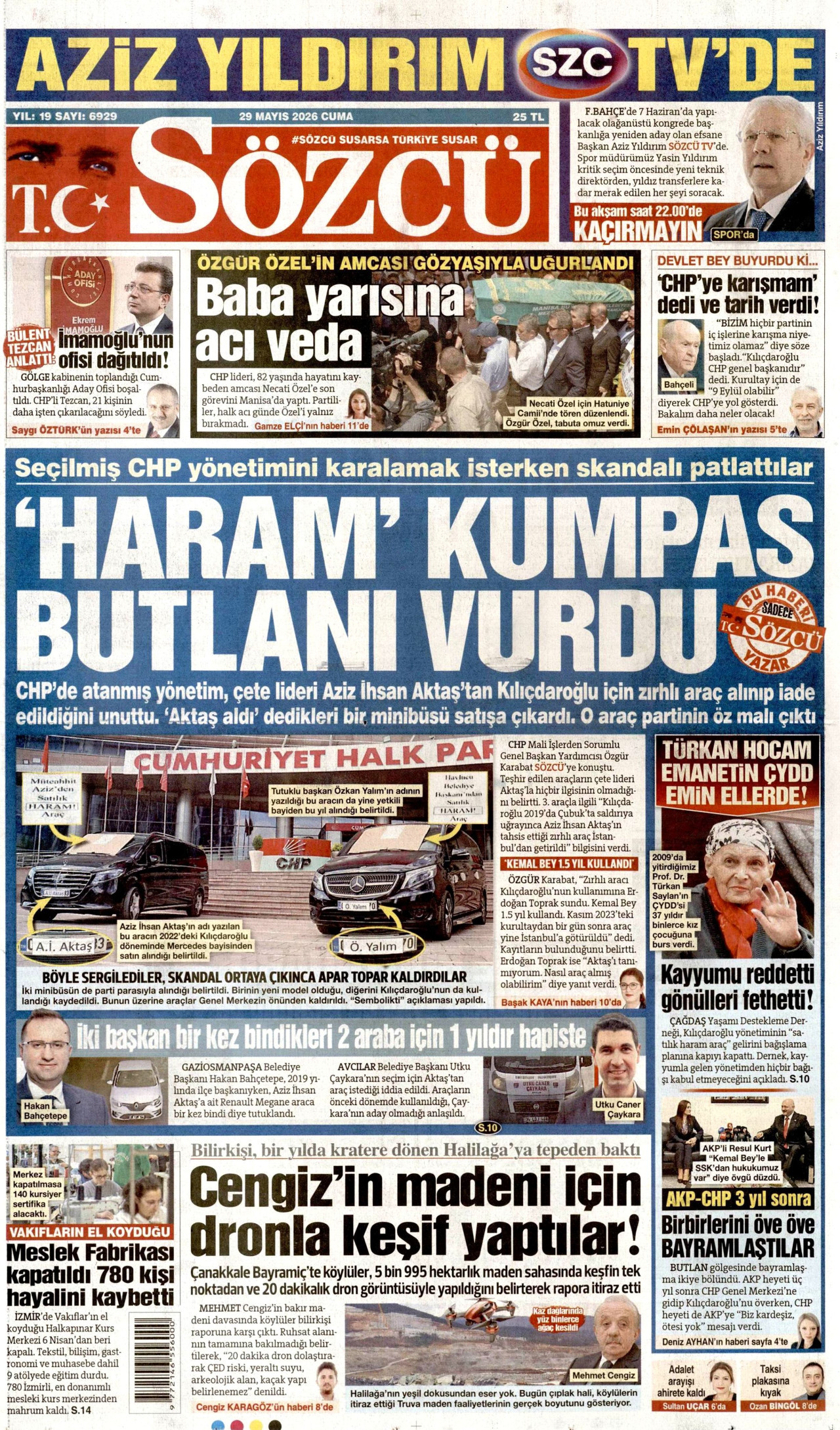SÖZCÜ gazetesinin 29 Mayıs 2026 tarihli birinci sayfası