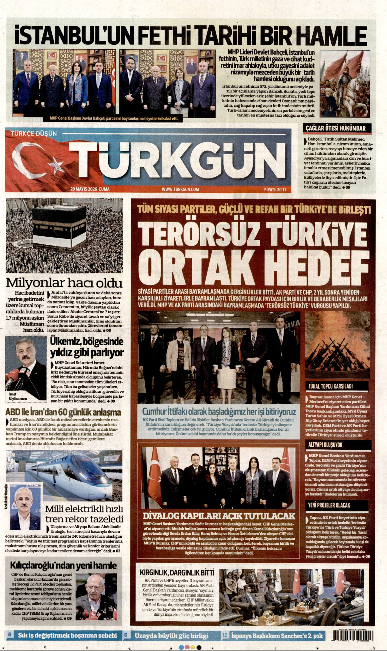 TÜRKGÜN gazetesinin 29 Mayıs 2026 tarihli birinci sayfası