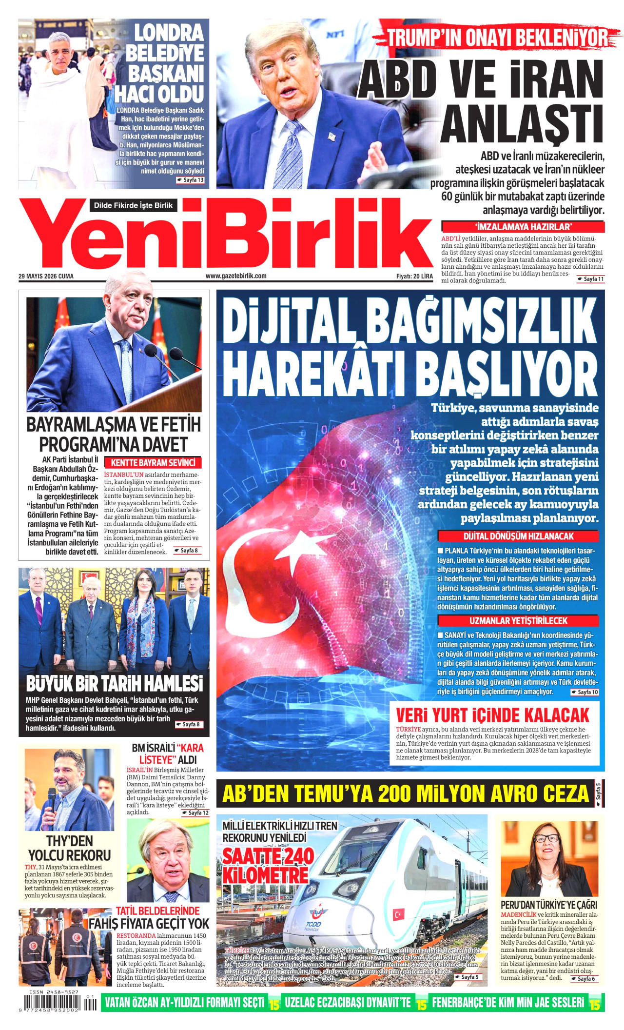 YENİBİRLİK gazetesinin 29 Mayıs 2026 tarihli birinci sayfası