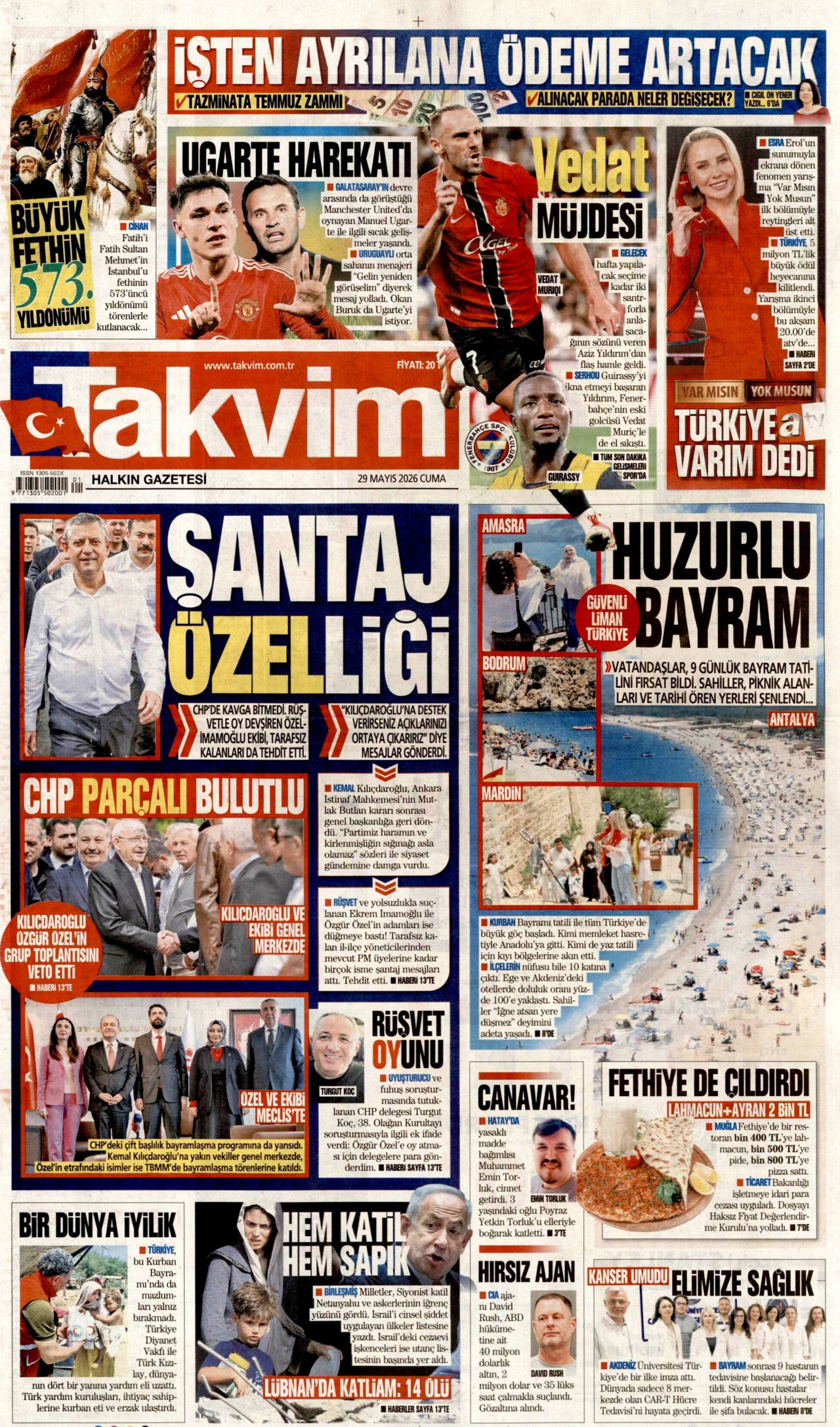 TAKVİM gazetesinin 29 Mayıs 2026 tarihli birinci sayfası