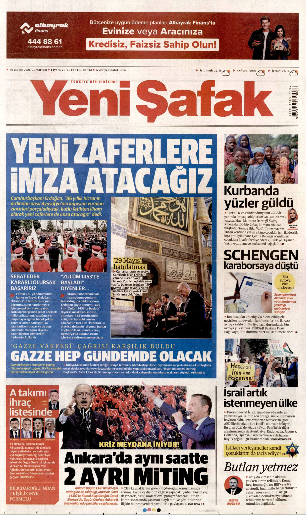 YENİ ŞAFAK gazetesinin 30 Mayıs 2026 tarihli birinci sayfası