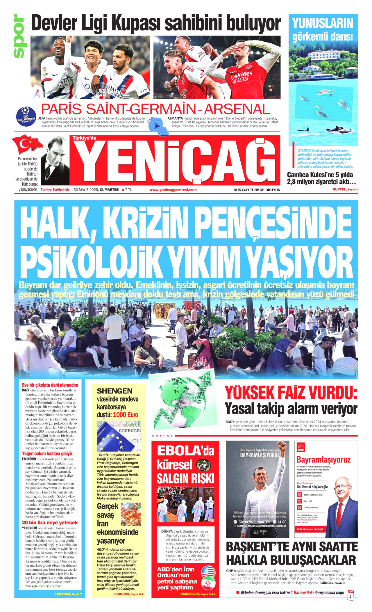 YENİÇAĞ gazetesinin 30 Mayıs 2026 tarihli birinci sayfası