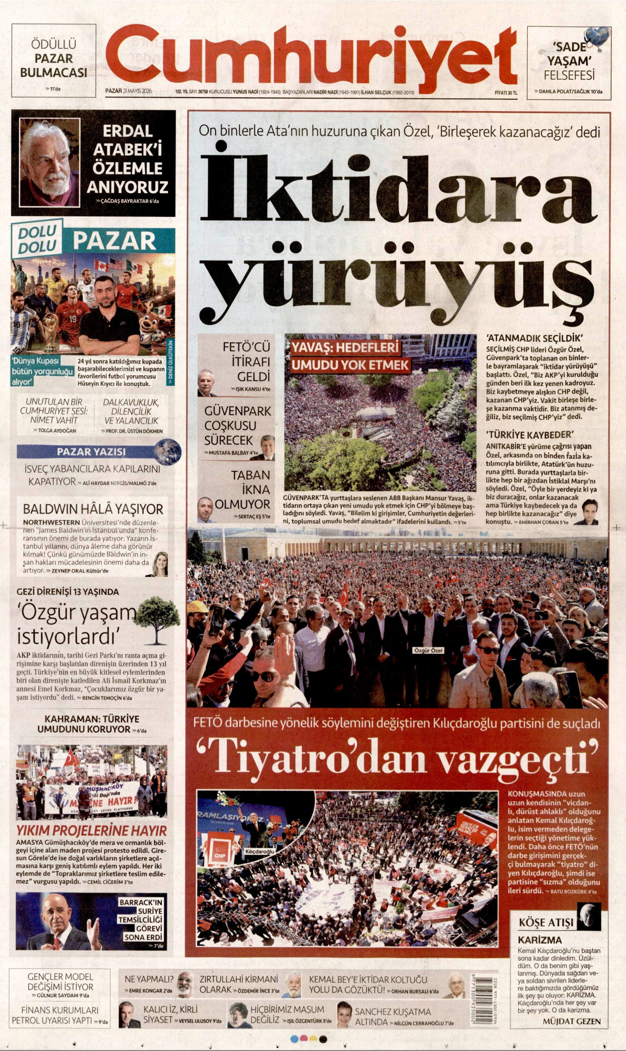 CUMHURİYET gazetesinin 31 Mayıs 2026 tarihli birinci sayfası