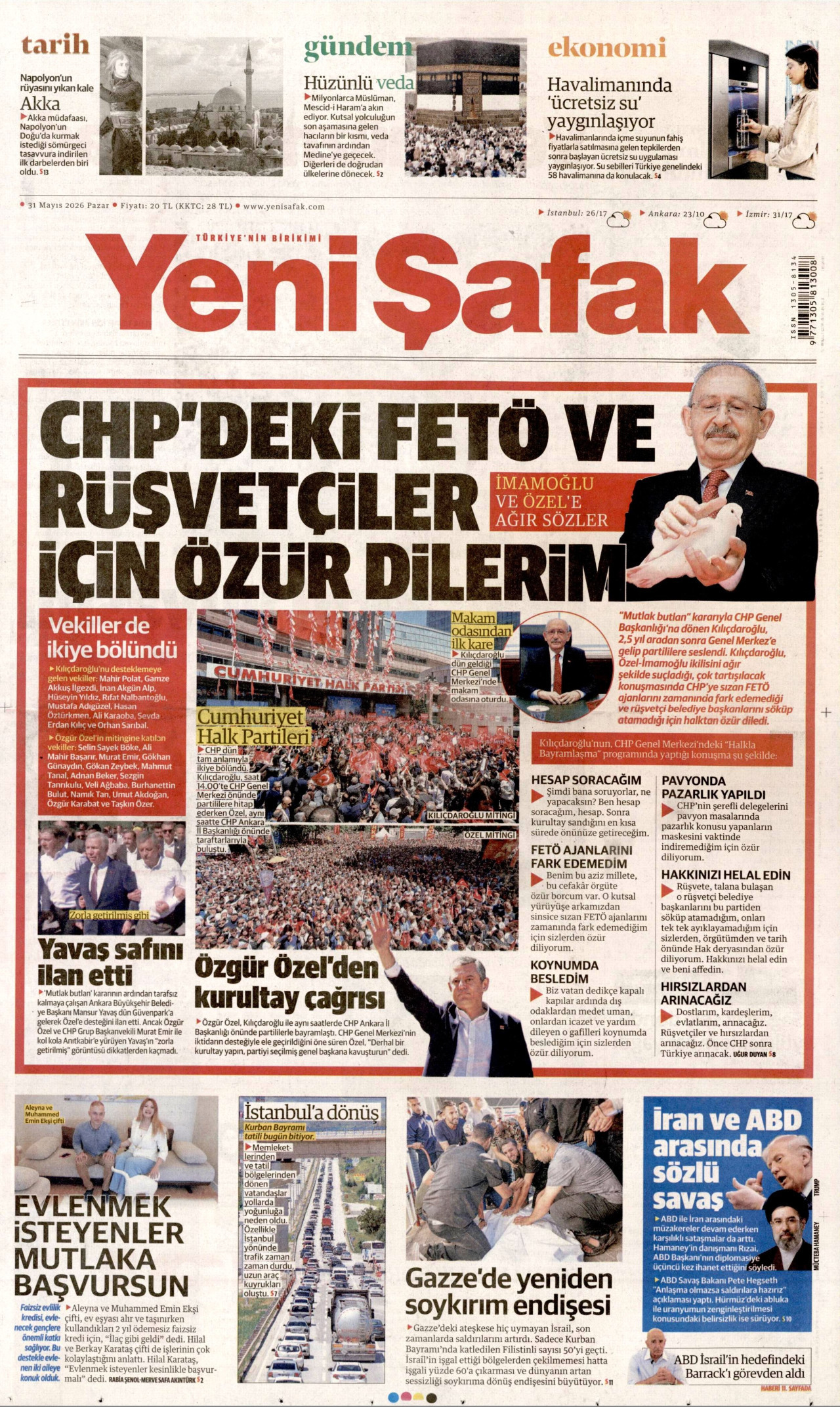 YENİ ŞAFAK gazetesinin 31 Mayıs 2026 tarihli birinci sayfası