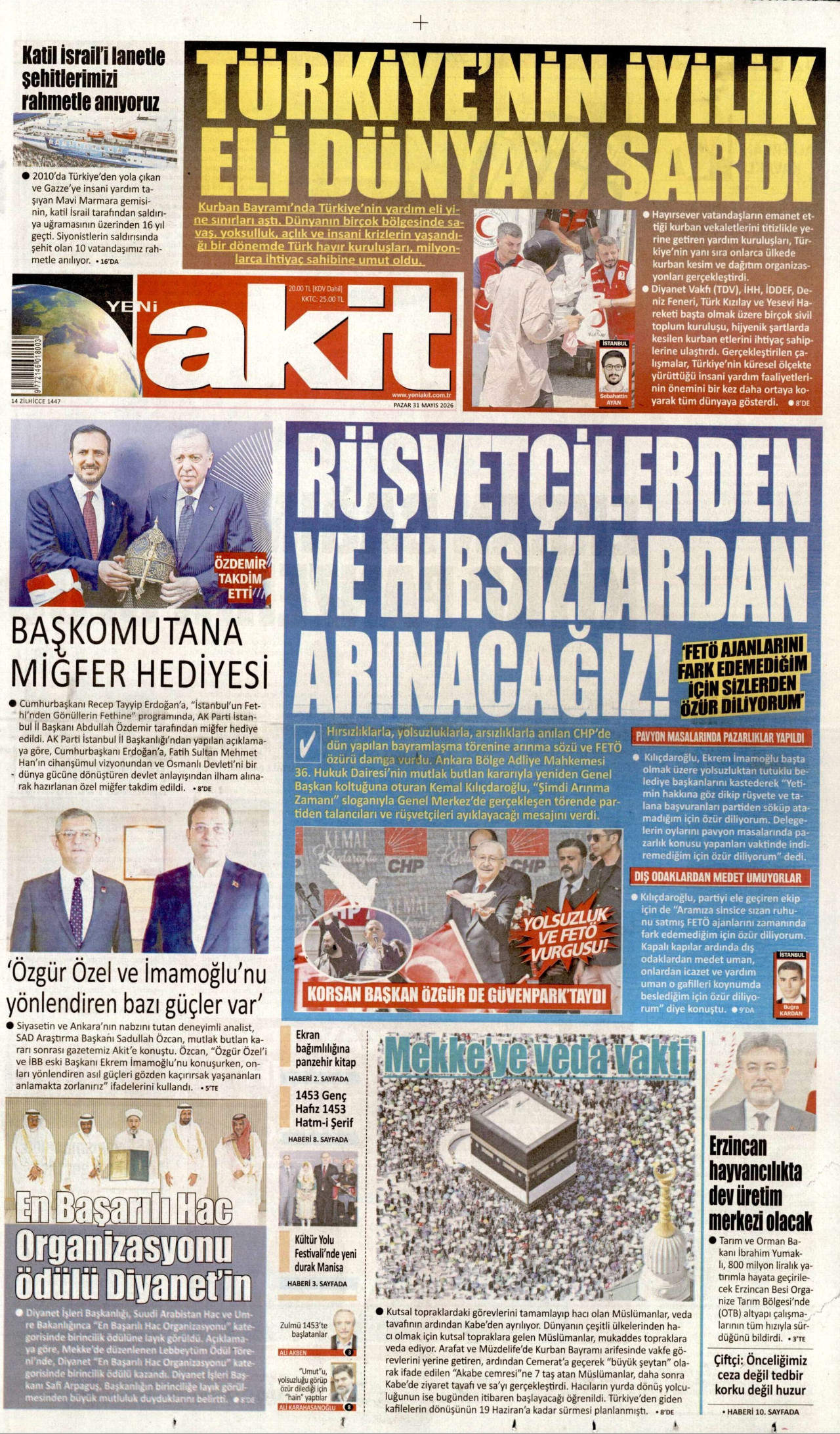 YENİ AKİT gazetesinin 31 Mayıs 2026 tarihli birinci sayfası