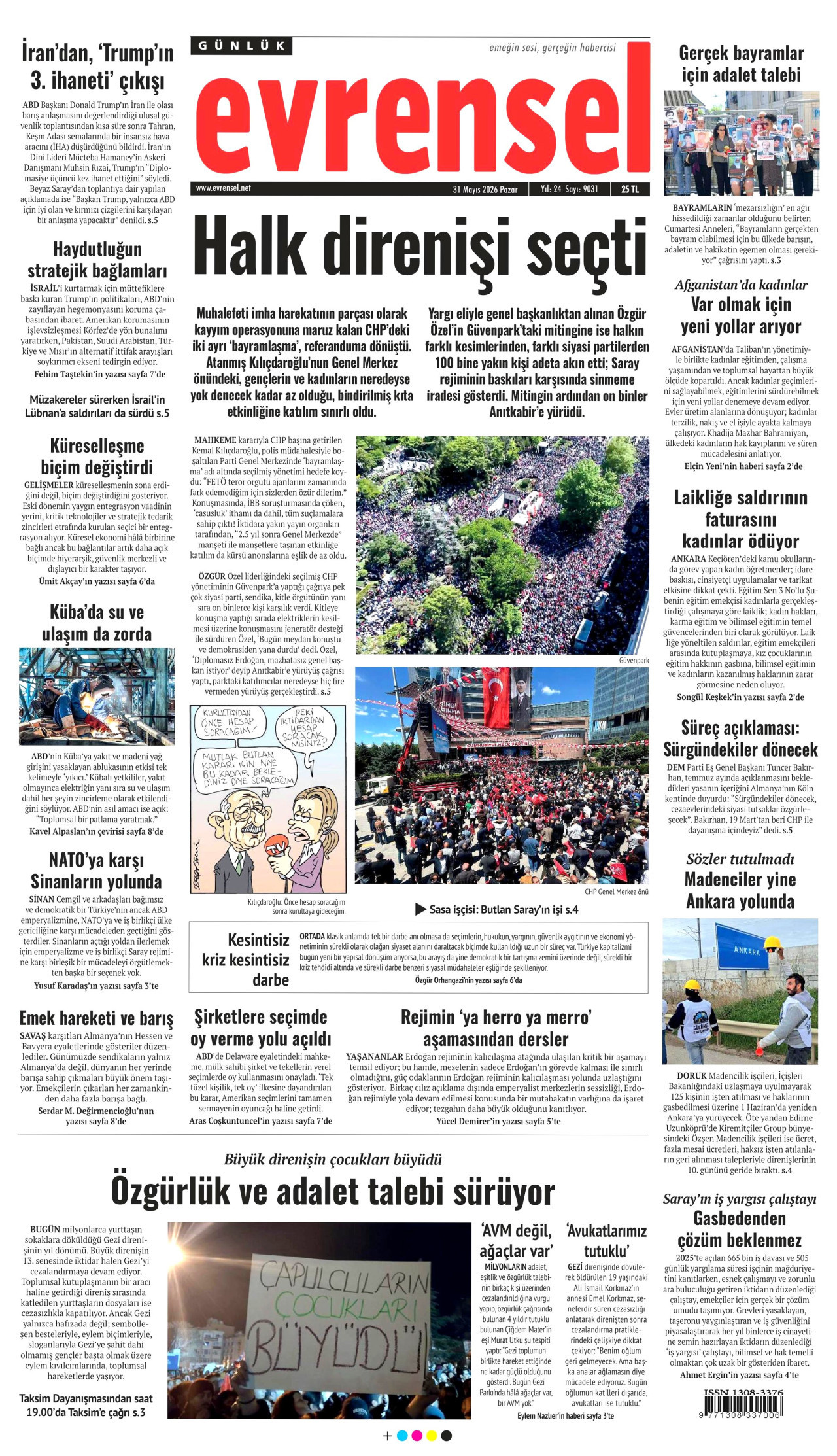EVRENSEL gazetesinin 31 Mayıs 2026 tarihli birinci sayfası