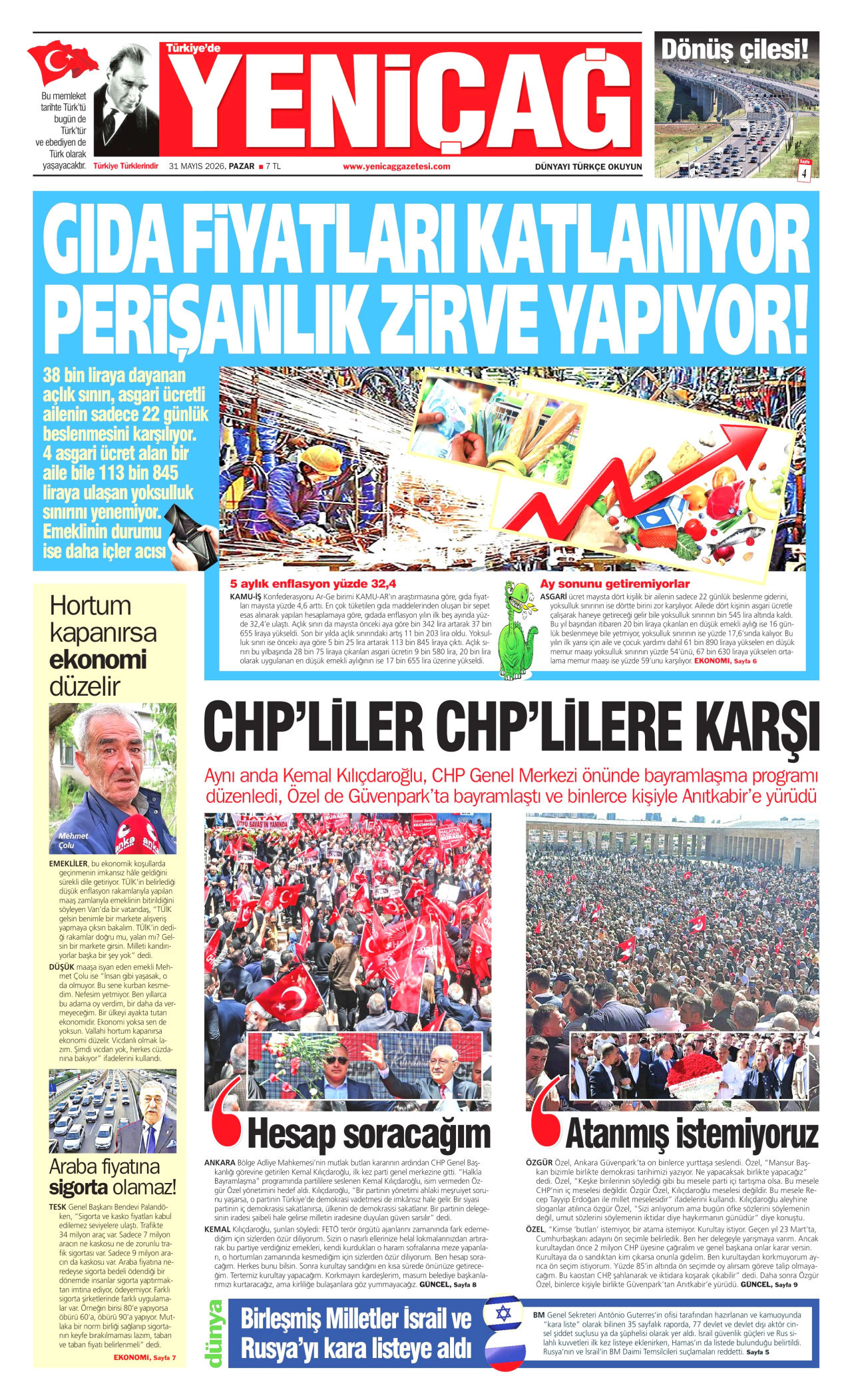 YENİÇAĞ gazetesinin 31 Mayıs 2026 tarihli birinci sayfası