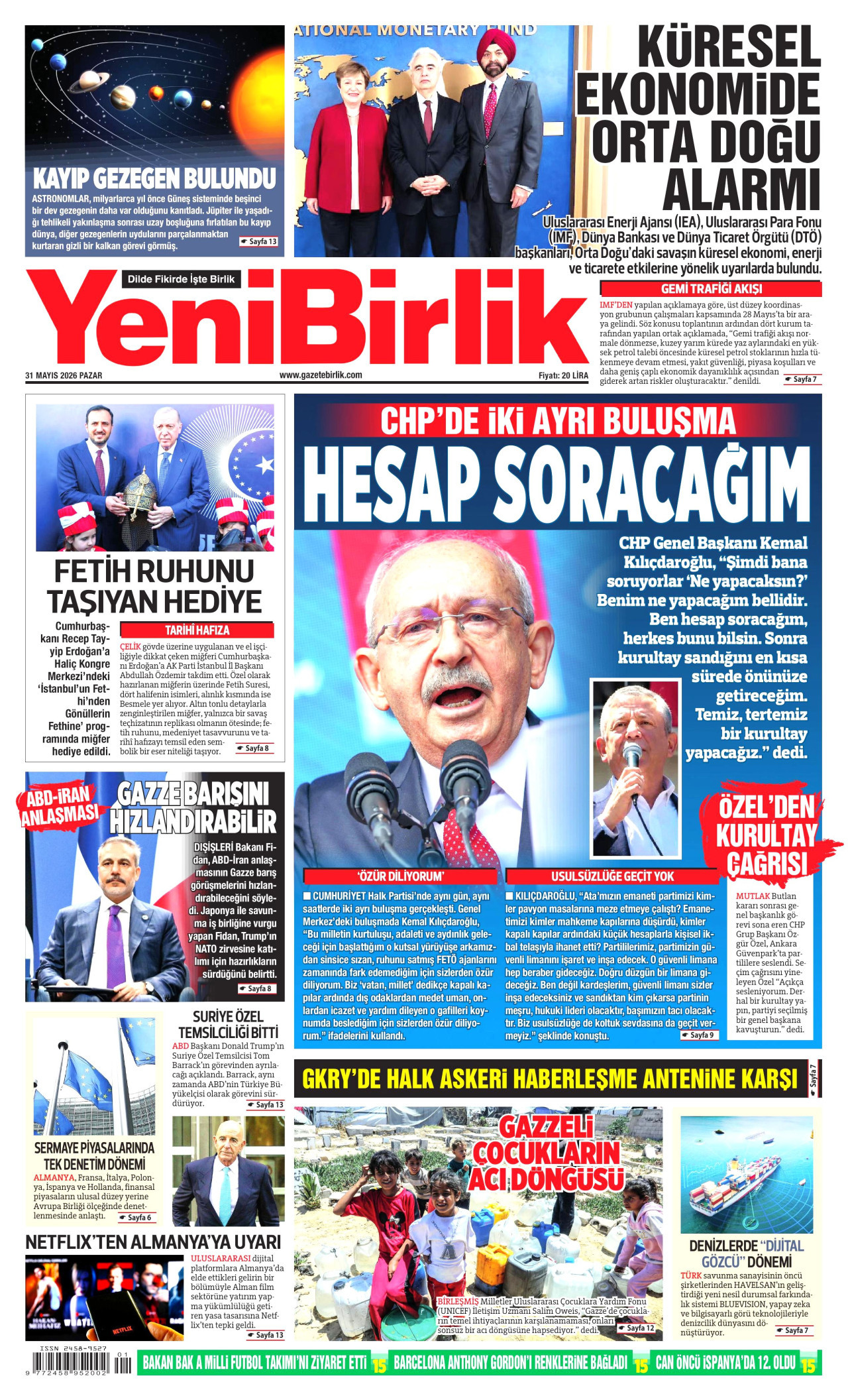 YENİBİRLİK gazetesinin 31 Mayıs 2026 tarihli birinci sayfası