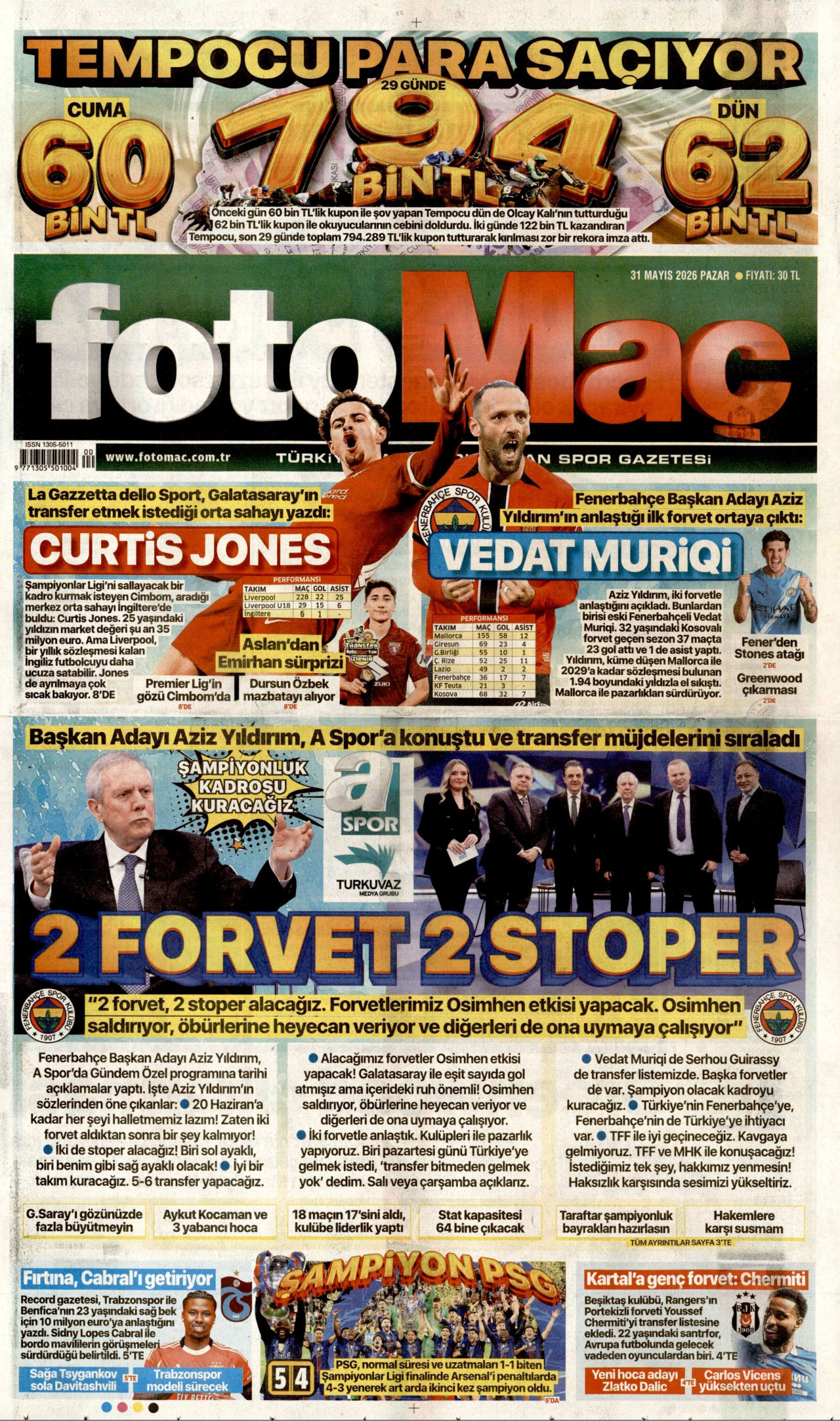 FOTOMAÇ gazetesinin 31 Mayıs 2026 tarihli birinci sayfası