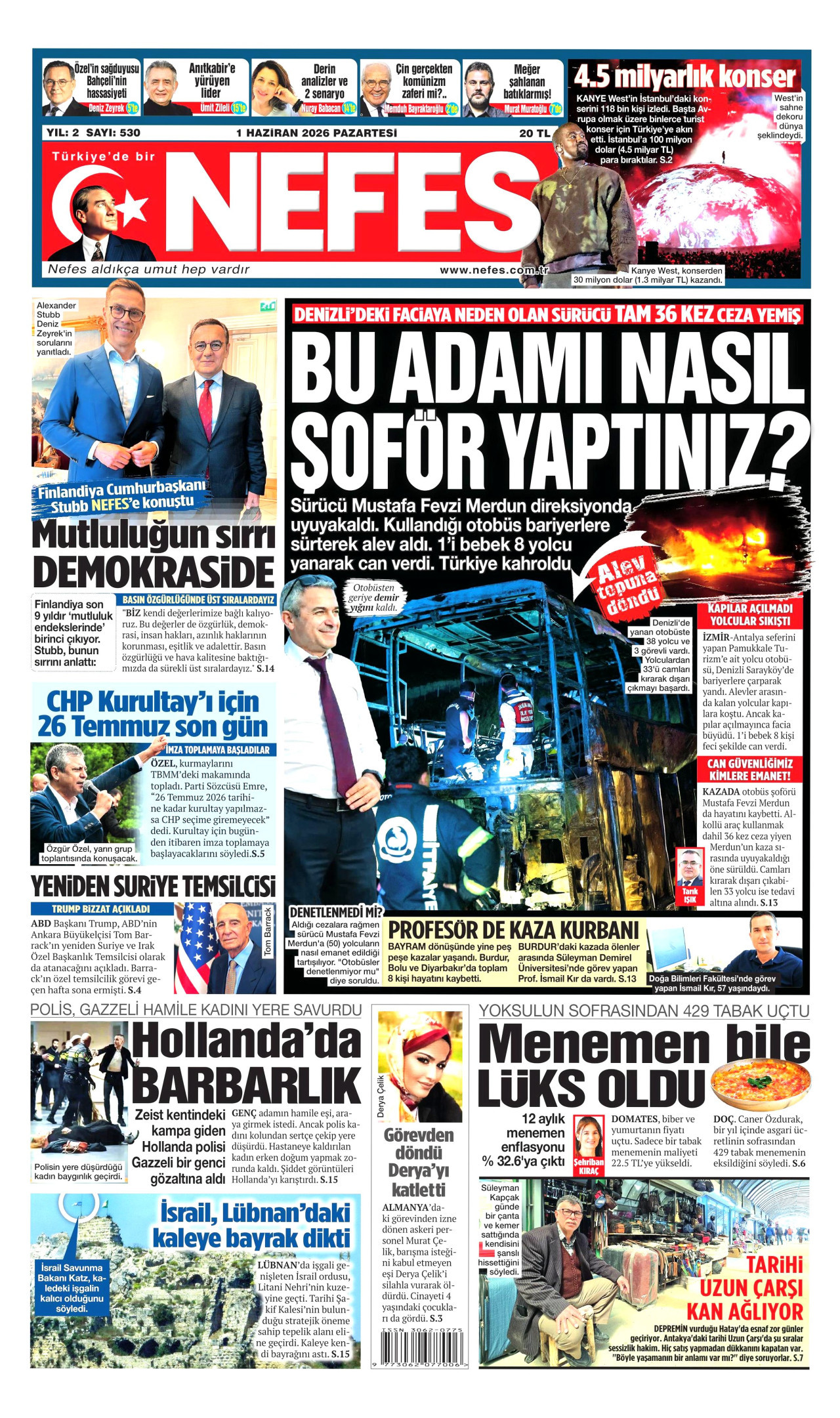 NEFES gazetesinin 1 Haziran 2026 tarihli birinci sayfası