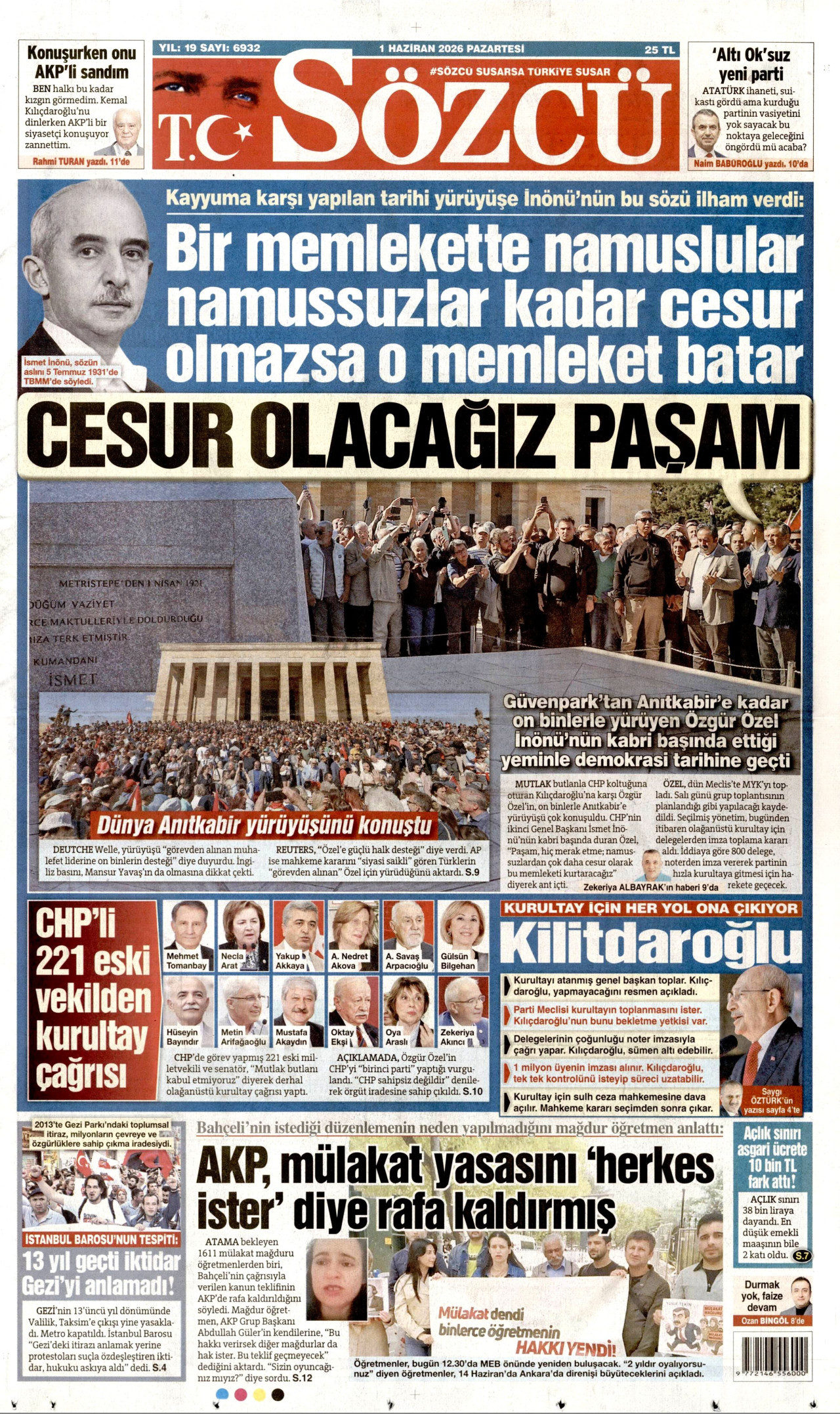 SÖZCÜ gazetesinin 1 Haziran 2026 tarihli birinci sayfası