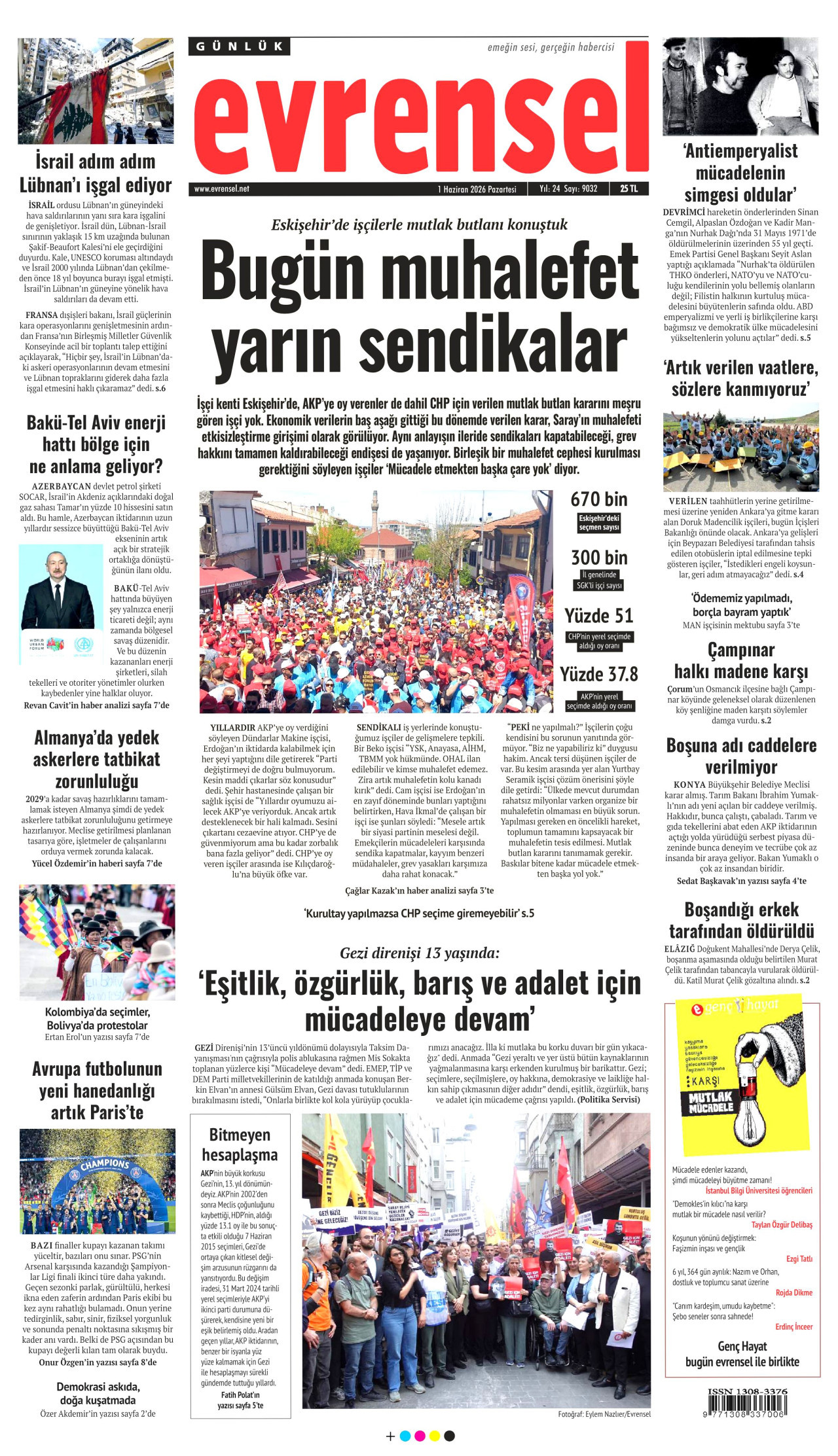 EVRENSEL gazetesinin 1 Haziran 2026 tarihli birinci sayfası