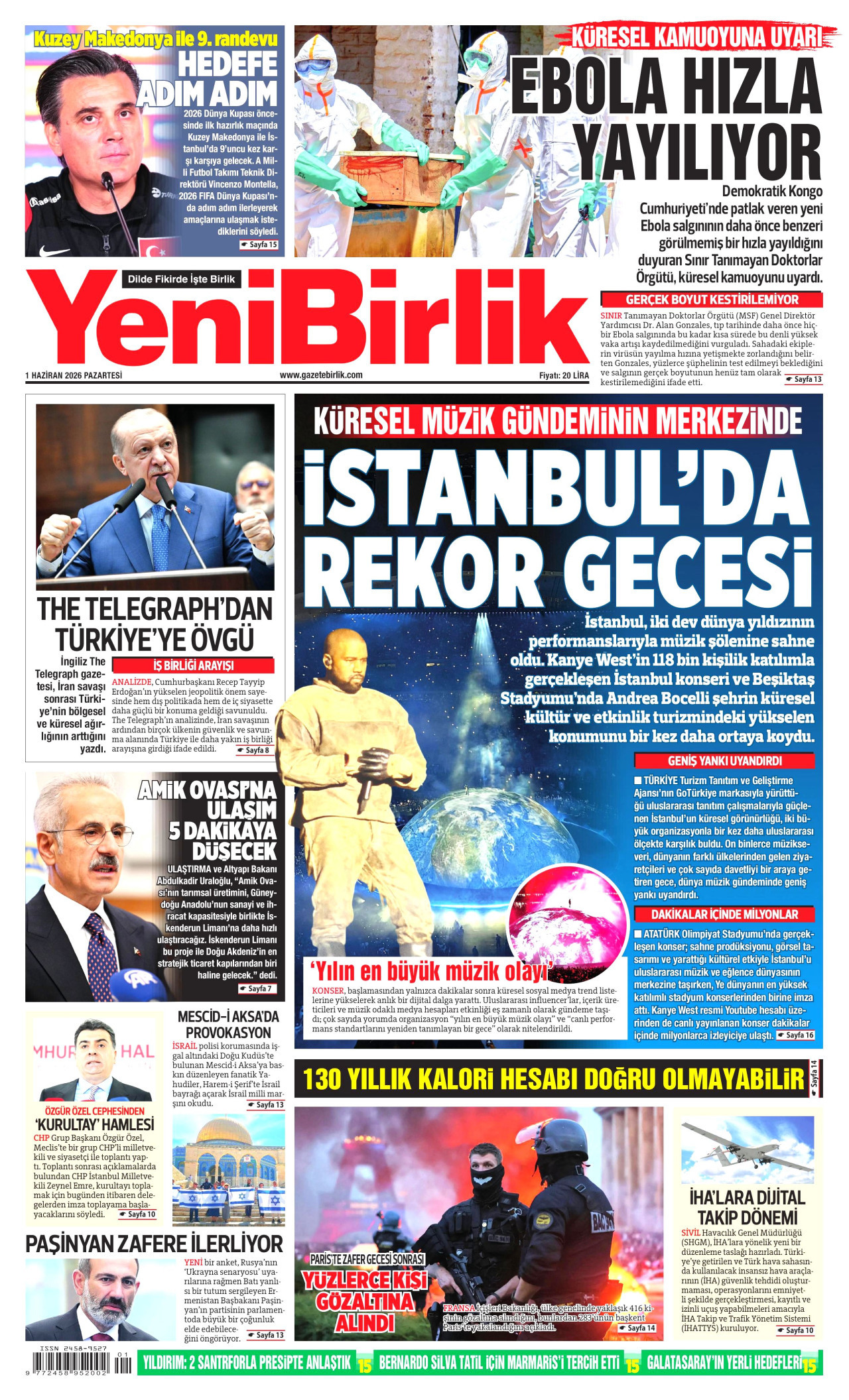 YENİBİRLİK gazetesinin 1 Haziran 2026 tarihli birinci sayfası