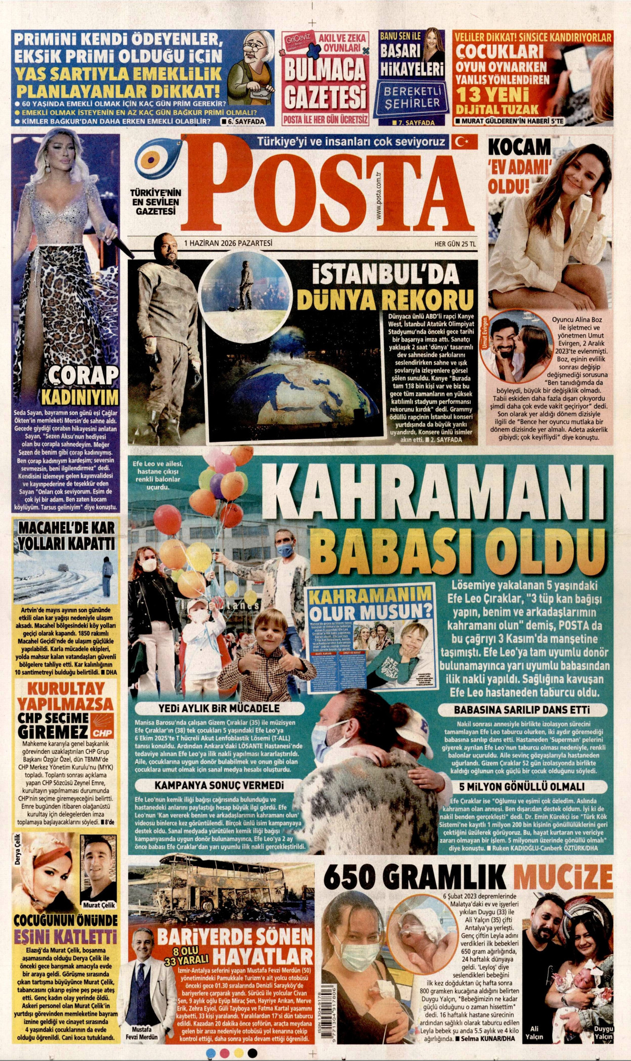 POSTA gazetesinin 1 Haziran 2026 tarihli birinci sayfası