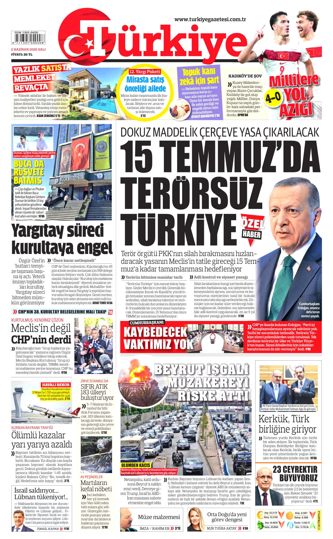 TÜRKİYE GAZETESİ gazetesinin 2 Haziran 2026 tarihli birinci sayfası