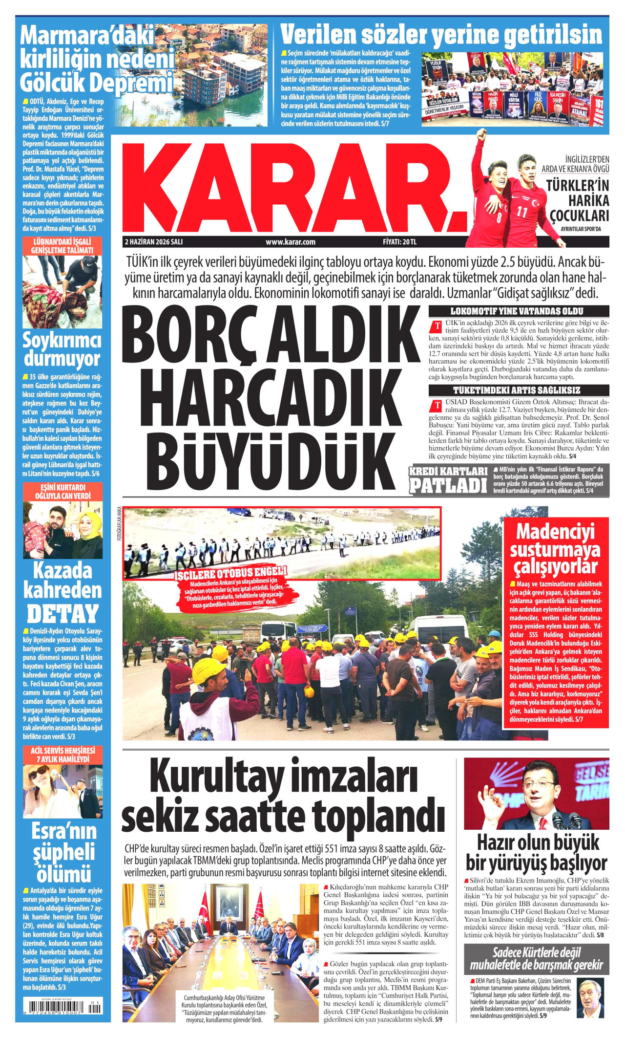 KARAR gazetesinin 2 Haziran 2026 tarihli birinci sayfası