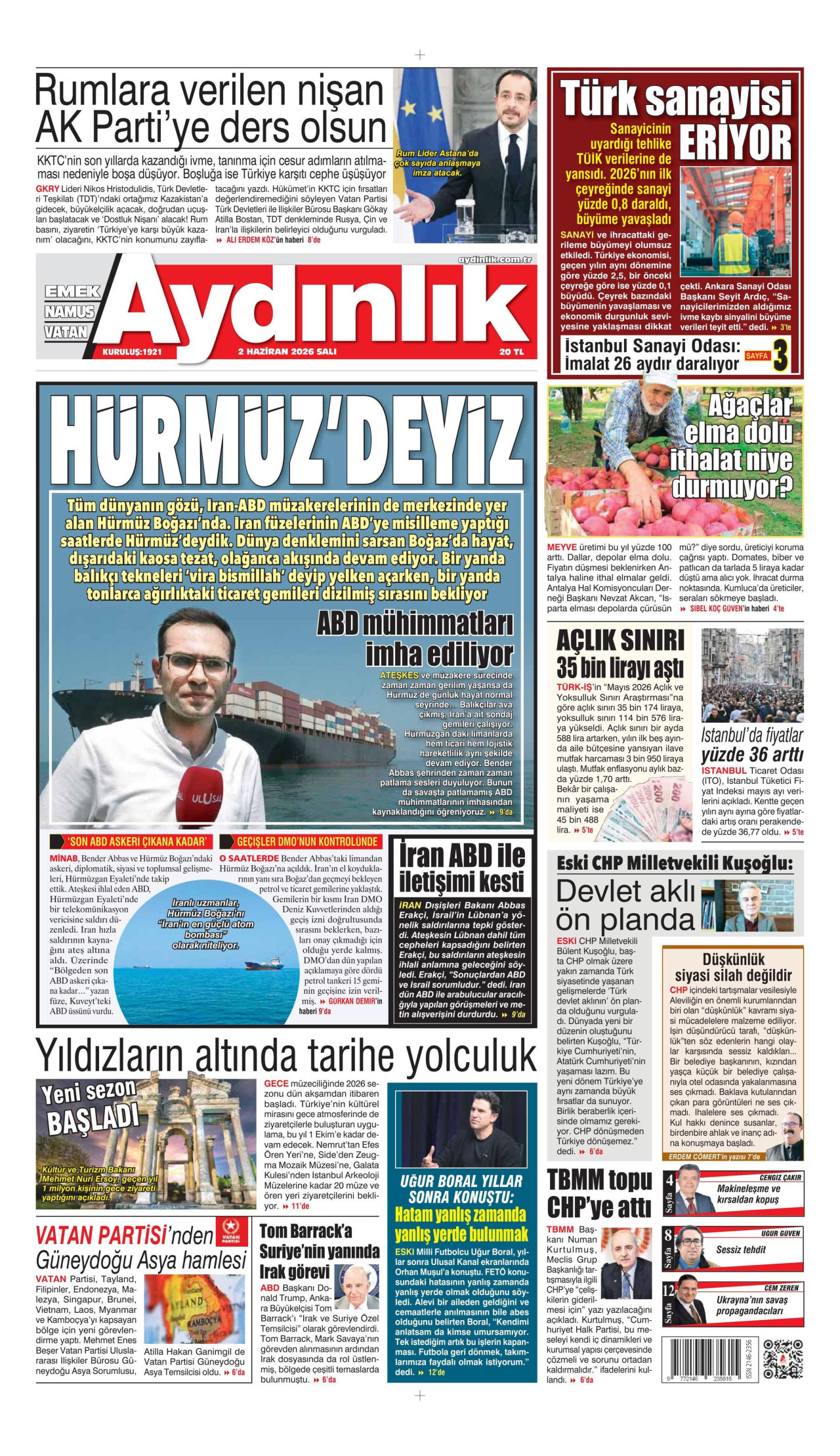 AYDINLIK GAZETESİ gazetesinin 2 Haziran 2026 tarihli birinci sayfası