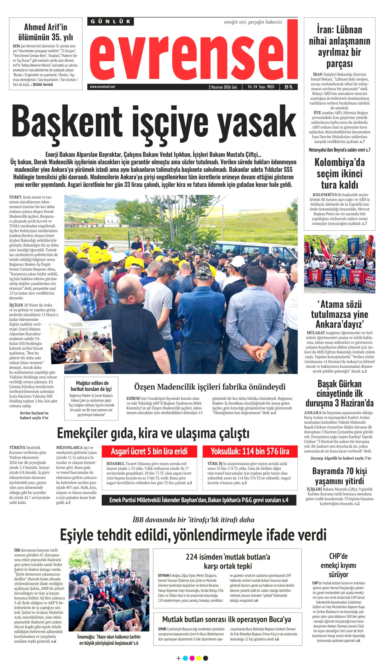 EVRENSEL gazetesinin 2 Haziran 2026 tarihli birinci sayfası