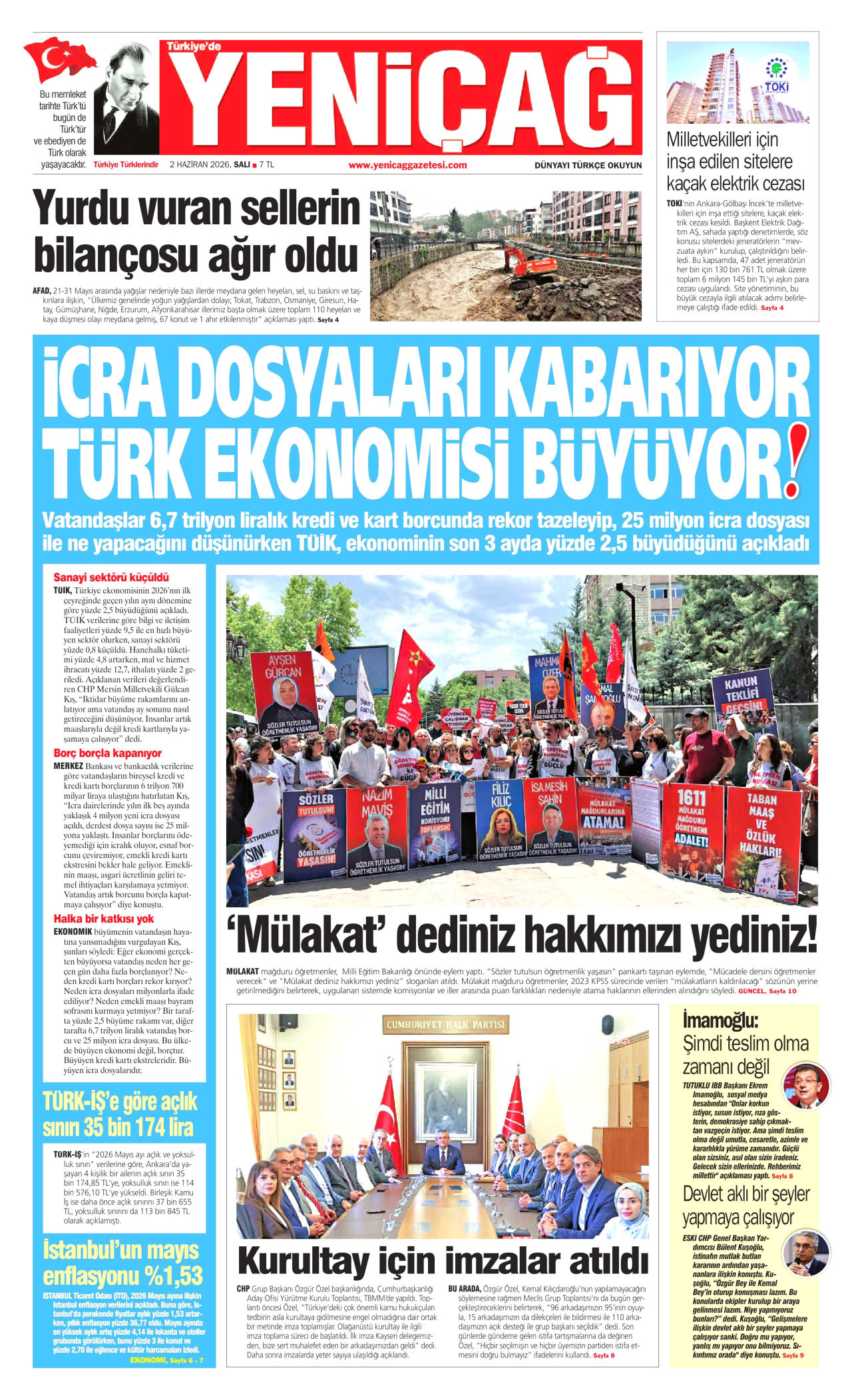 YENİÇAĞ gazetesinin 2 Haziran 2026 tarihli birinci sayfası