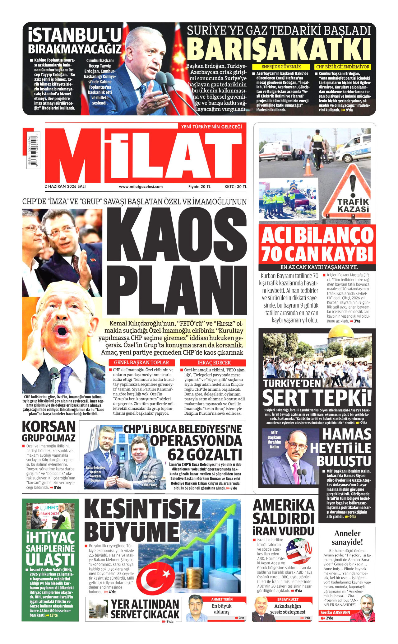 MİLAT gazetesinin 2 Haziran 2026 tarihli birinci sayfası