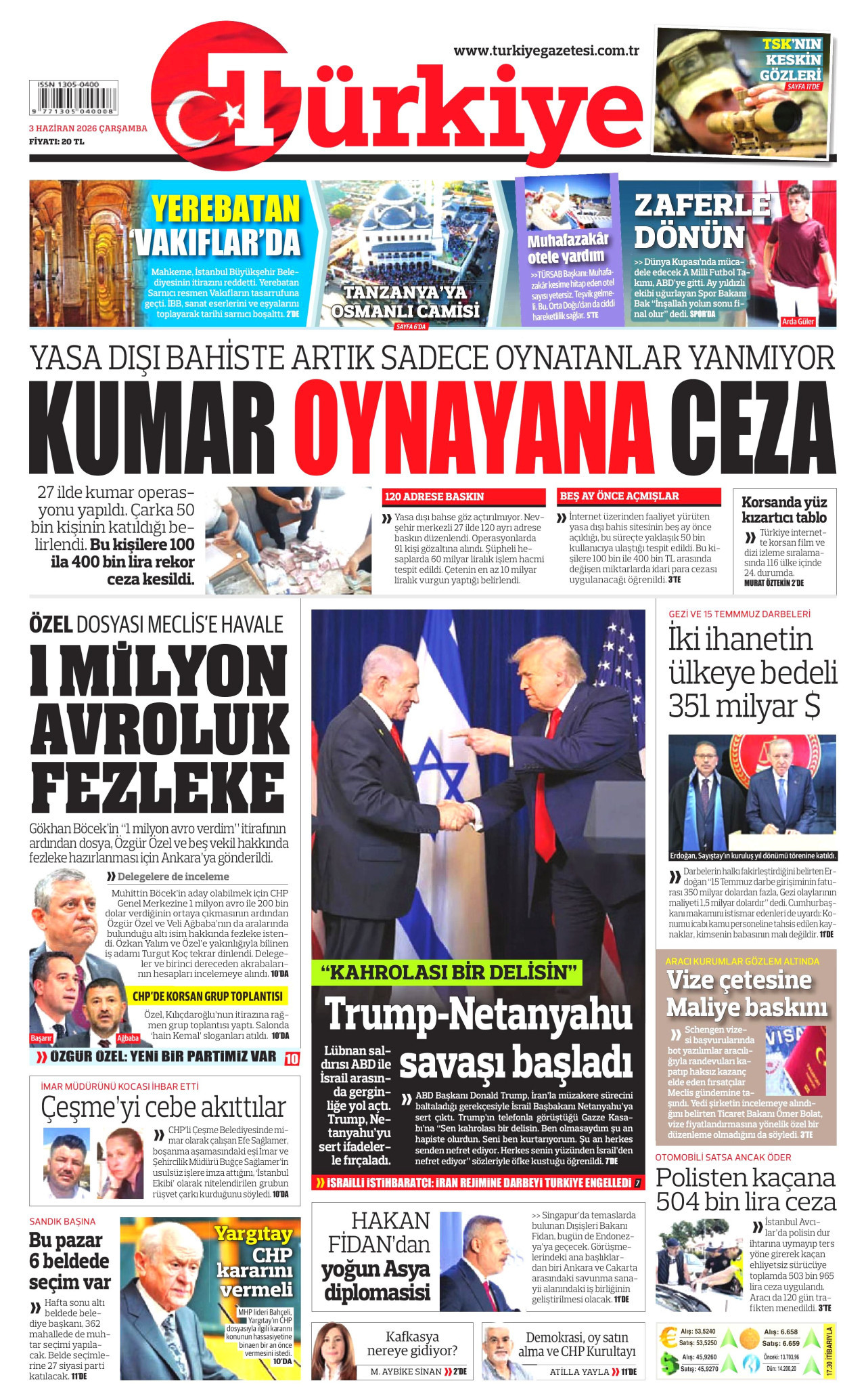 TÜRKİYE GAZETESİ gazetesinin 3 Haziran 2026 tarihli birinci sayfası