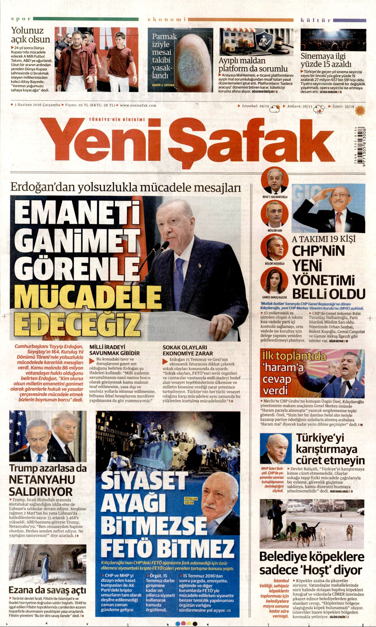 YENİ ŞAFAK gazetesinin 3 Haziran 2026 tarihli birinci sayfası