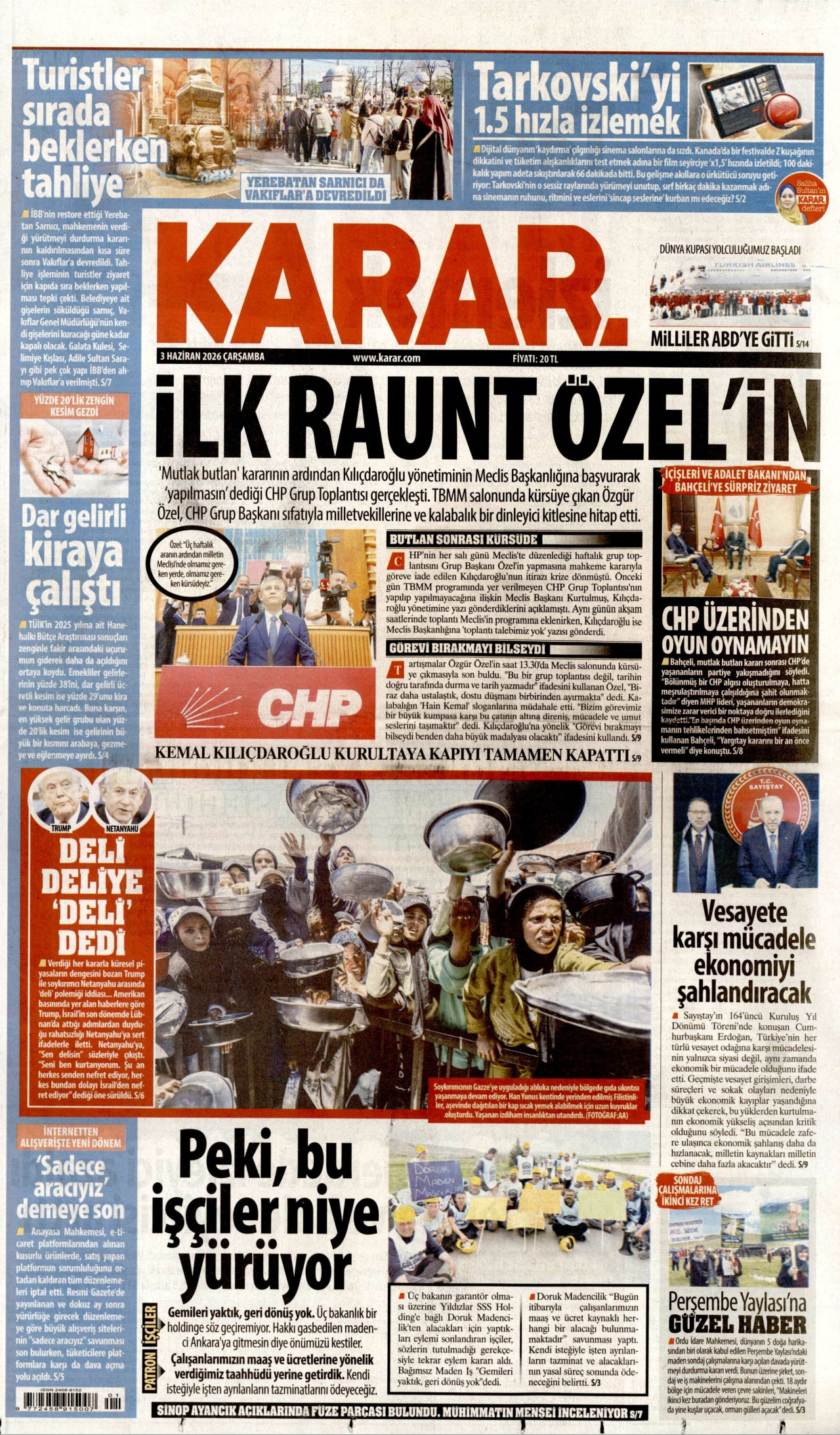 KARAR gazetesinin 3 Haziran 2026 tarihli birinci sayfası