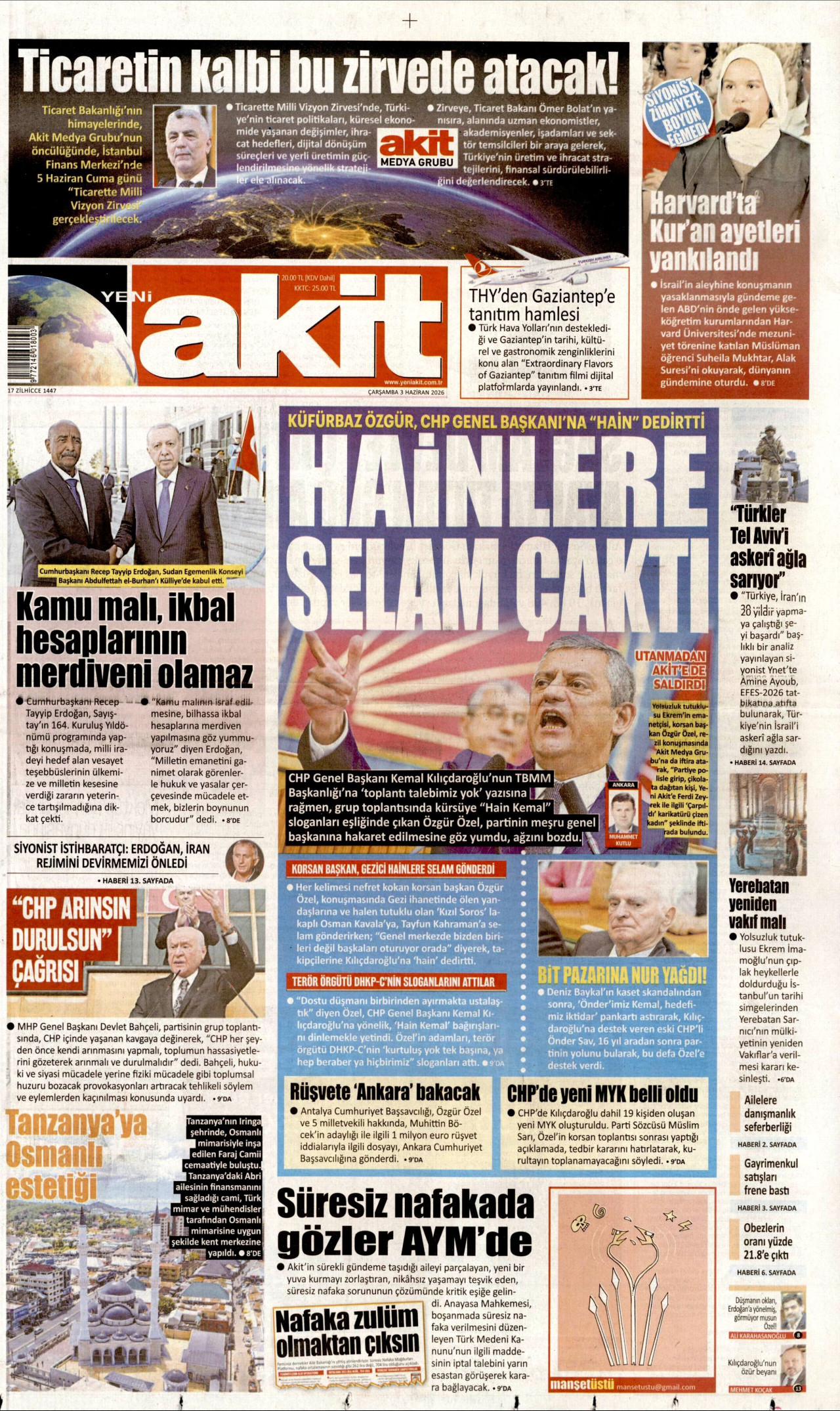 YENİ AKİT gazetesinin 3 Haziran 2026 tarihli birinci sayfası