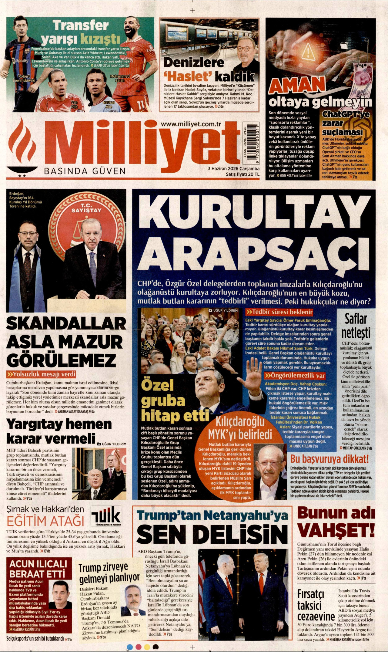 MİLLİYET gazetesinin 3 Haziran 2026 tarihli birinci sayfası
