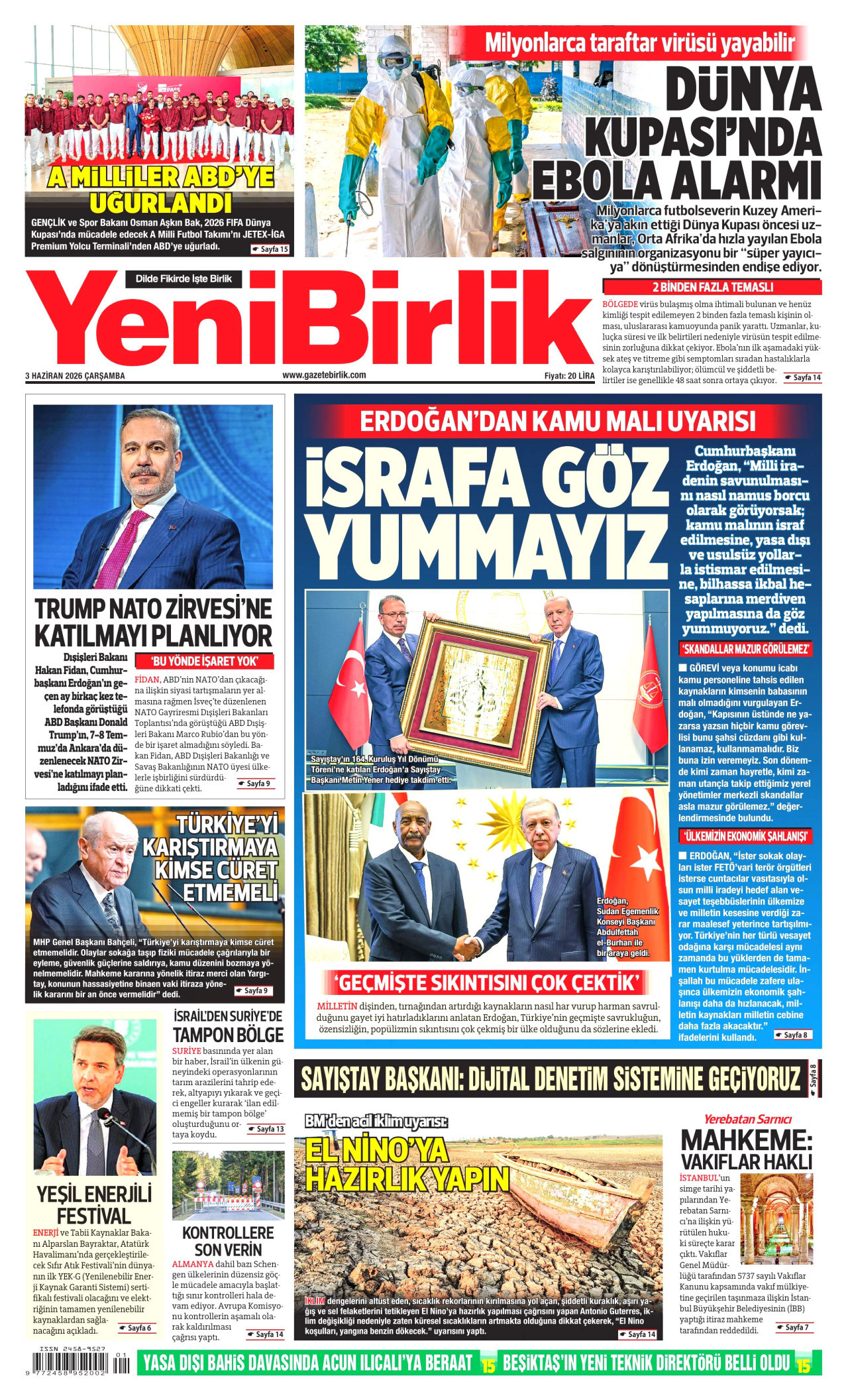 YENİBİRLİK gazetesinin 3 Haziran 2026 tarihli birinci sayfası