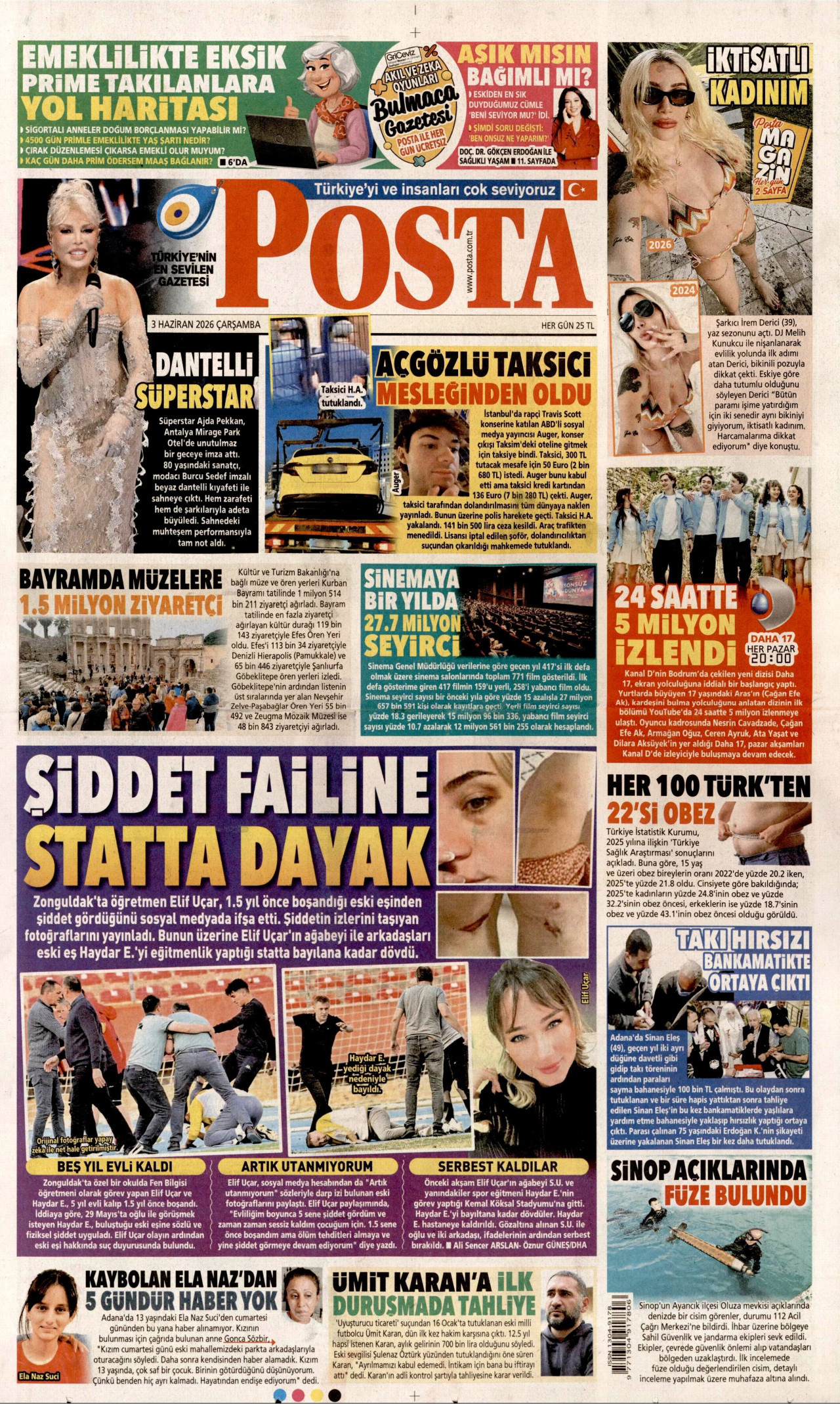 POSTA gazetesinin 3 Haziran 2026 tarihli birinci sayfası