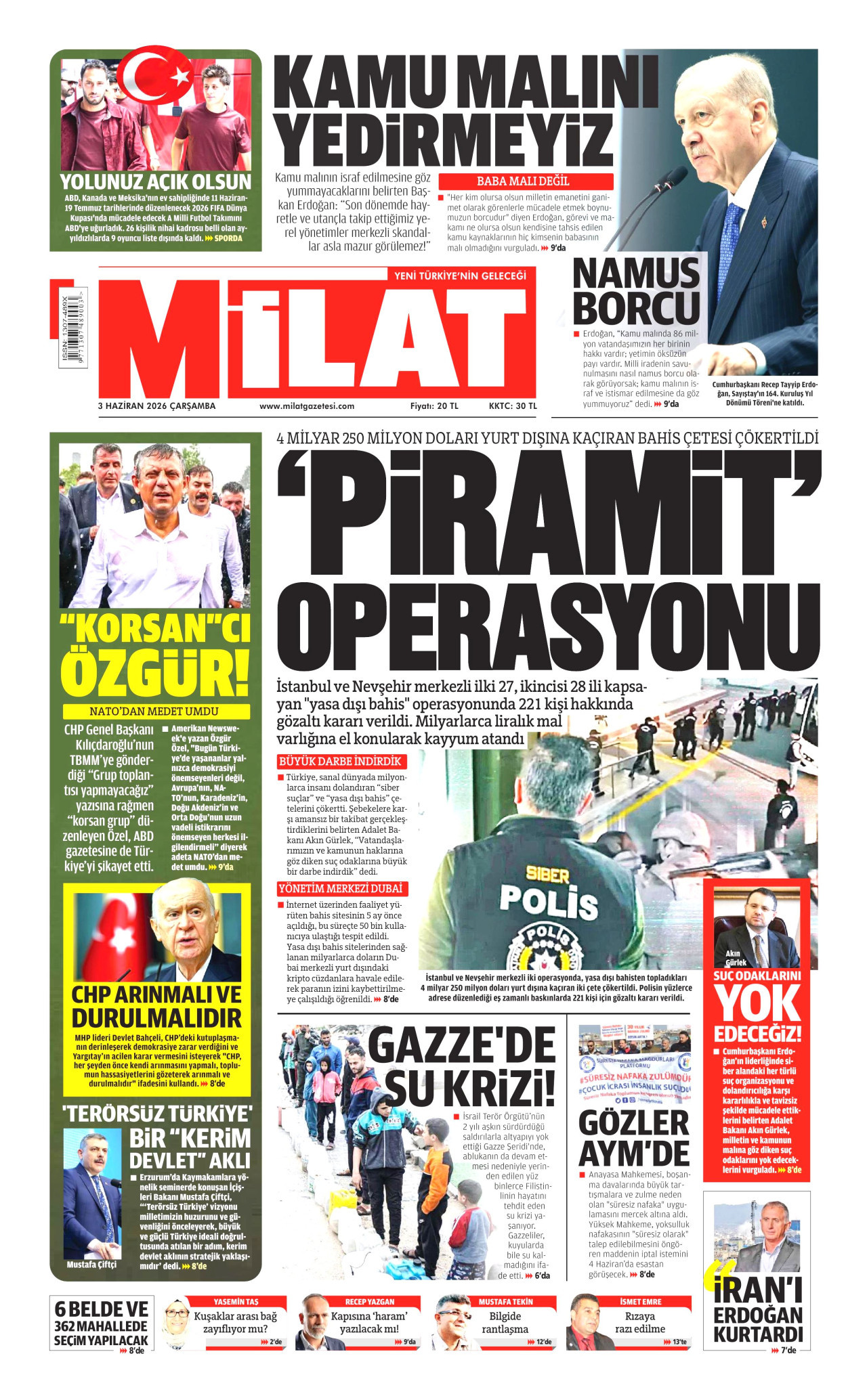 MİLAT gazetesinin 3 Haziran 2026 tarihli birinci sayfası