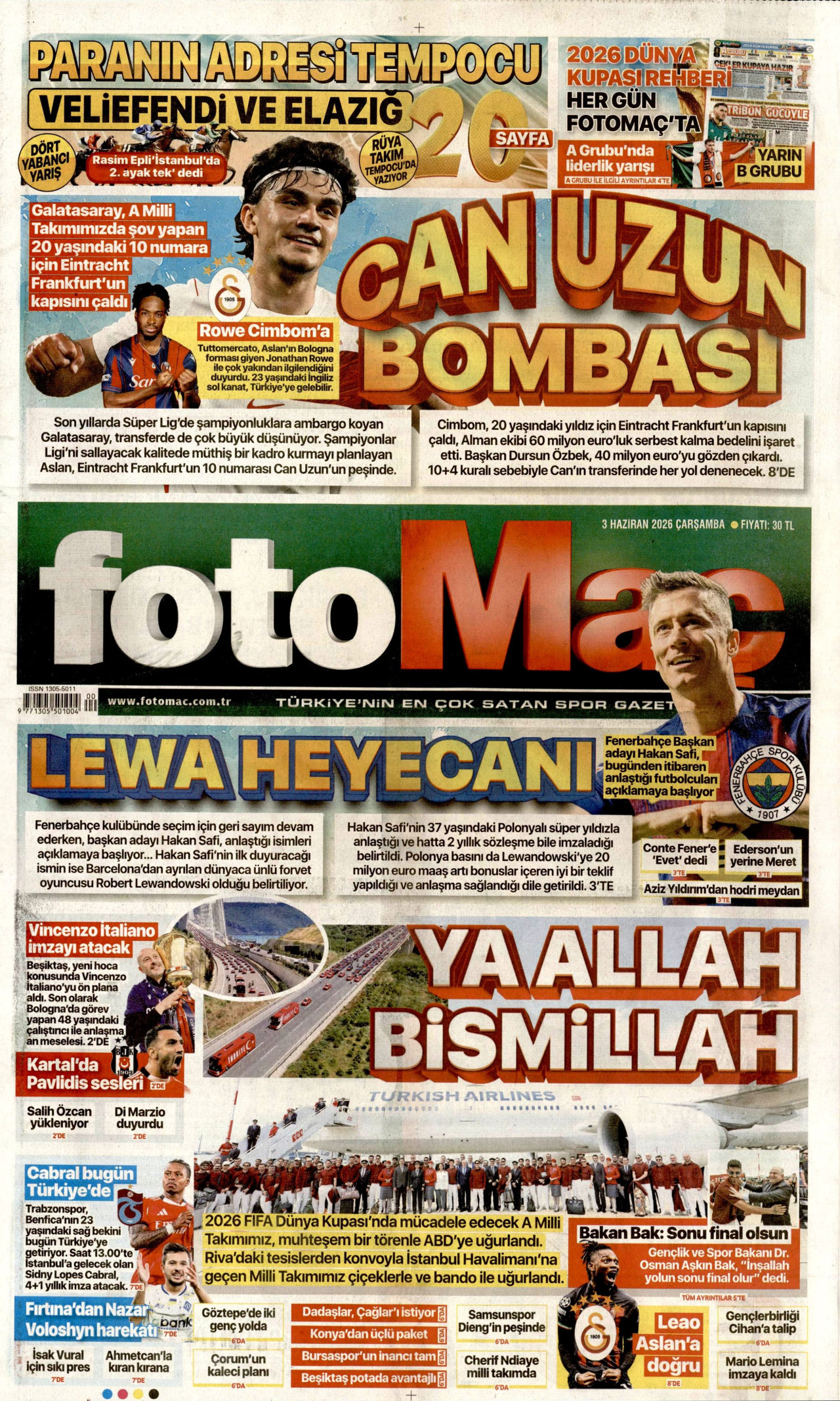 FOTOMAÇ gazetesinin 3 Haziran 2026 tarihli birinci sayfası