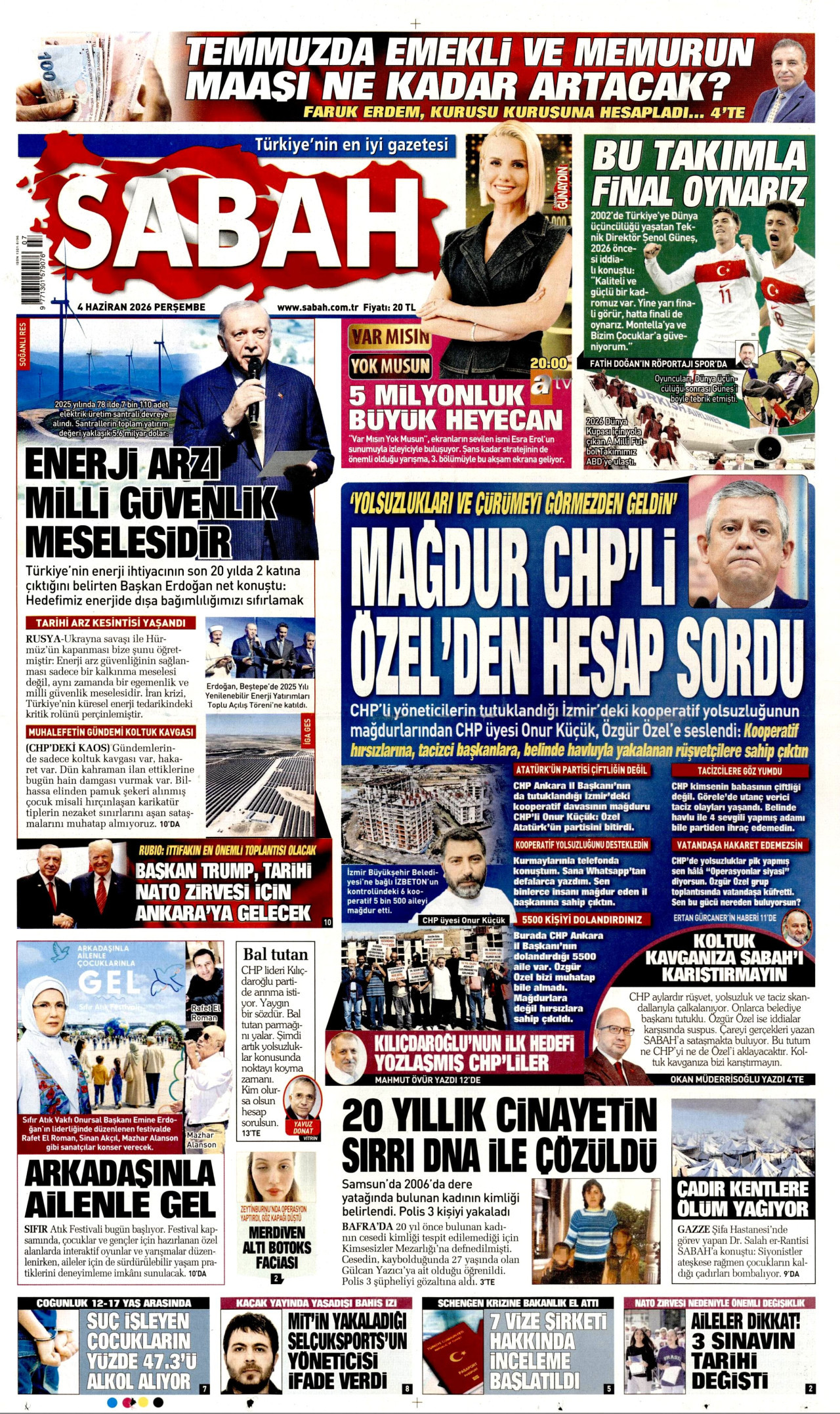 SABAH gazetesinin 4 Haziran 2026 tarihli birinci sayfası