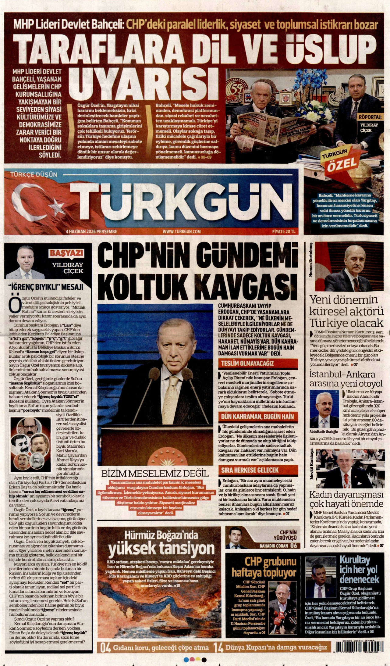 TÜRKGÜN gazetesinin 4 Haziran 2026 tarihli birinci sayfası